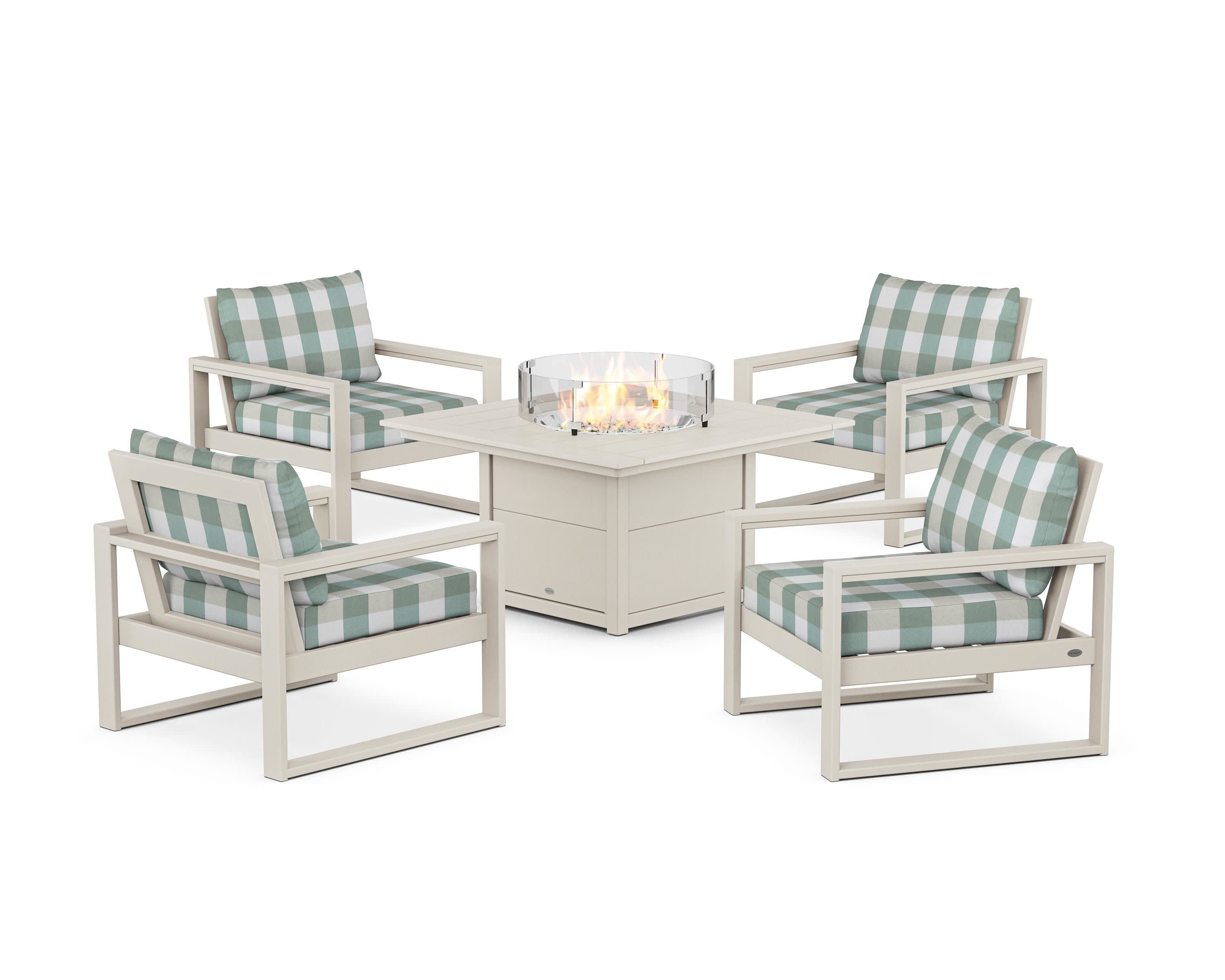 EDGE Sectional 5-Piece Deep Seating Set with Fire Pit Table in Sand / Buffalo Plaid Glacier Spa