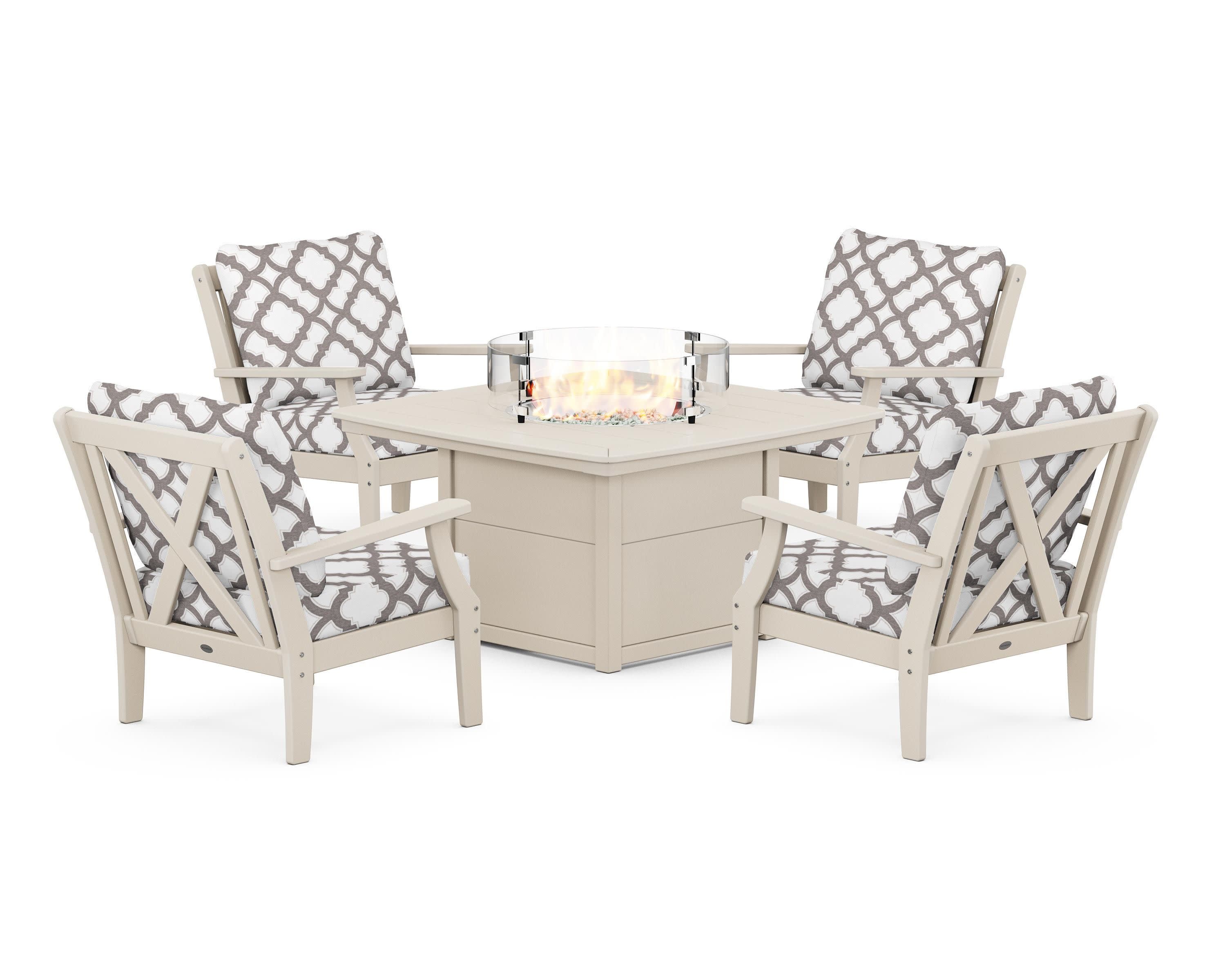 Braxton 5-Piece Deep Seating Conversation Set with Fire Pit Table in Sand / Trellis Grey Mist