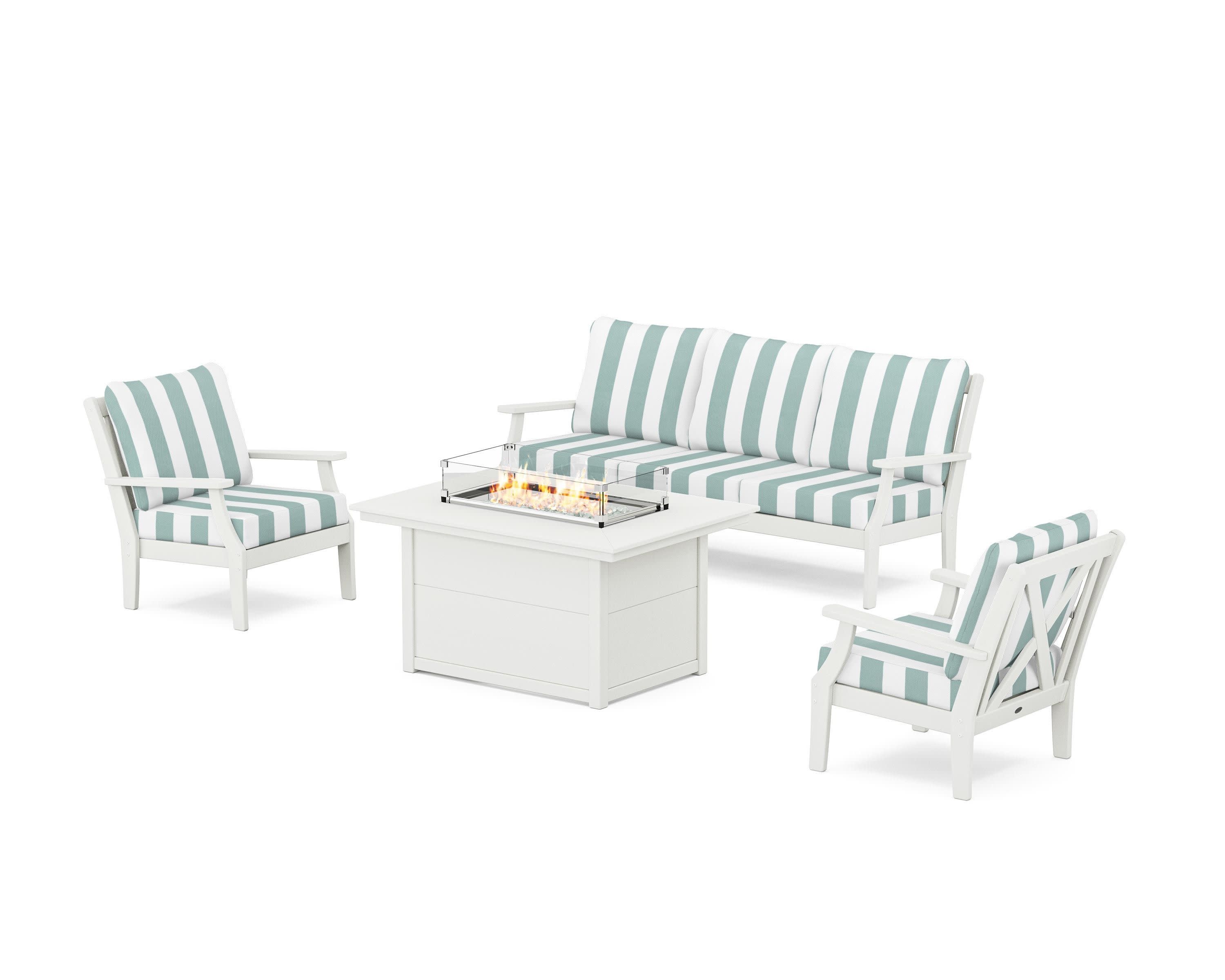 Braxton Deep Seating Fire Pit Table Set in Vintage White / Cabana Stripe Glacier Spa