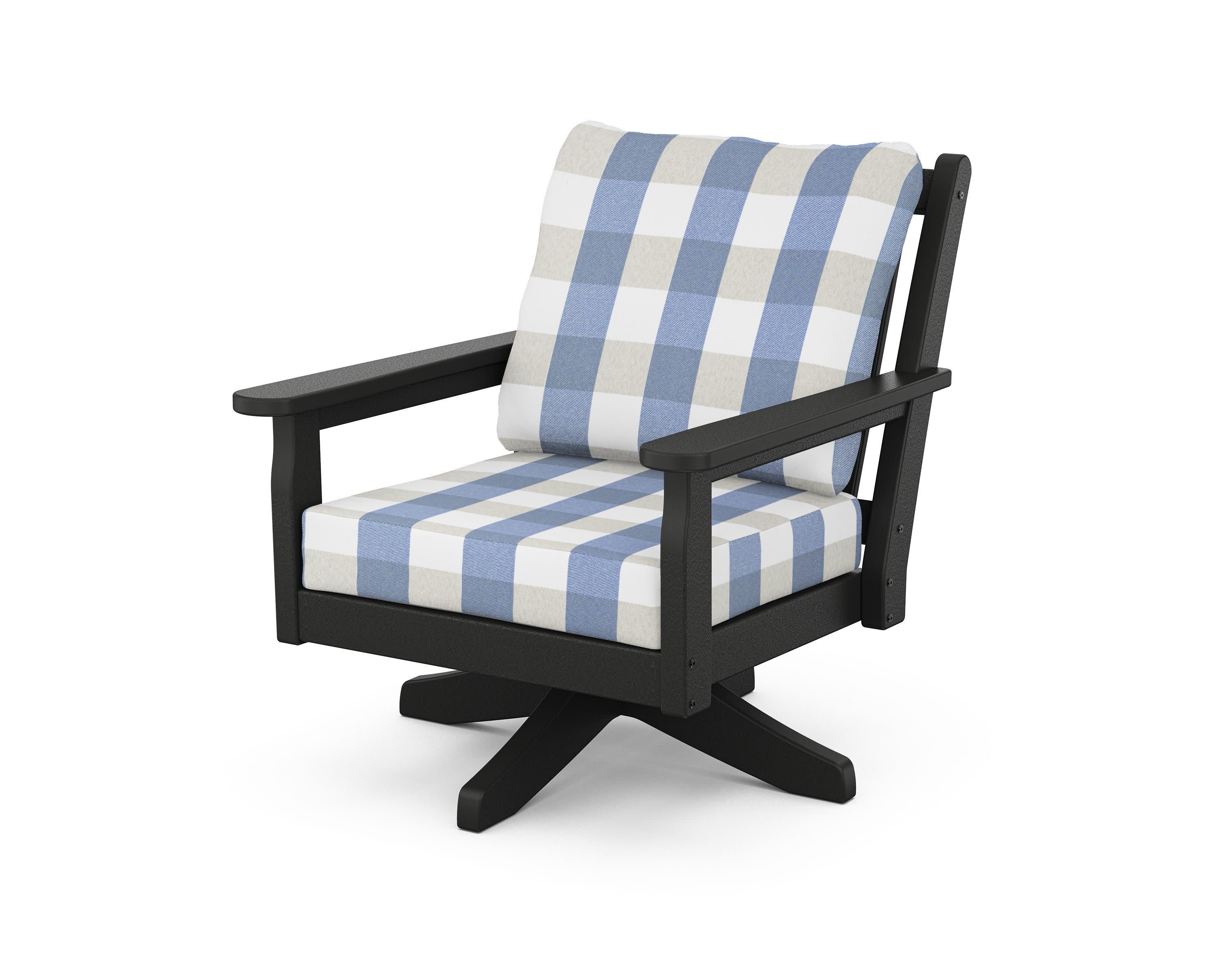 Chippendale Deep Seating Swivel Chair in Black / Buffalo Plaid Sky Blue