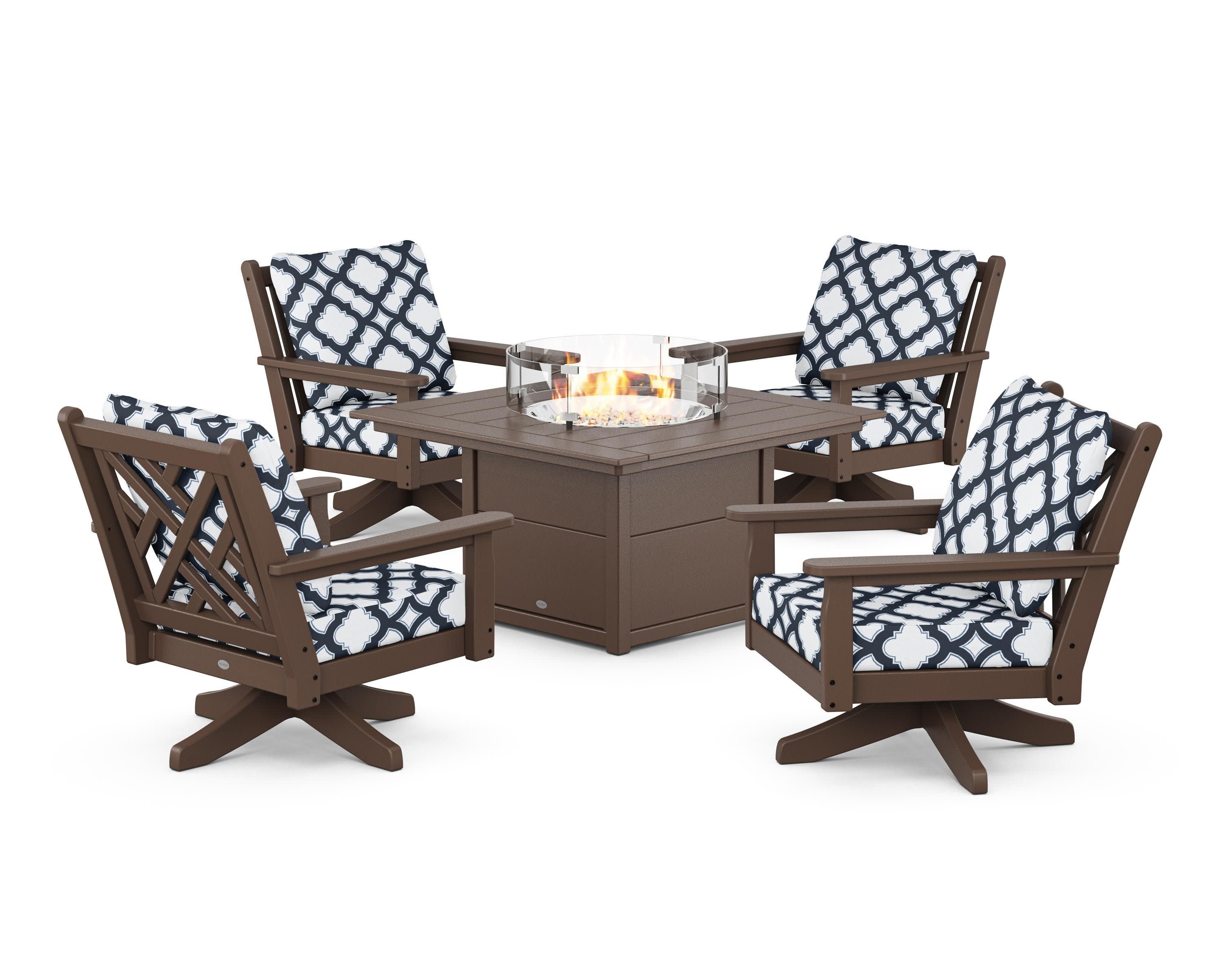 Chippendale 5-Piece Deep Seating Swivel Conversation Set with Fire Pit Table in Mahogany / Trellis Marine Indigo