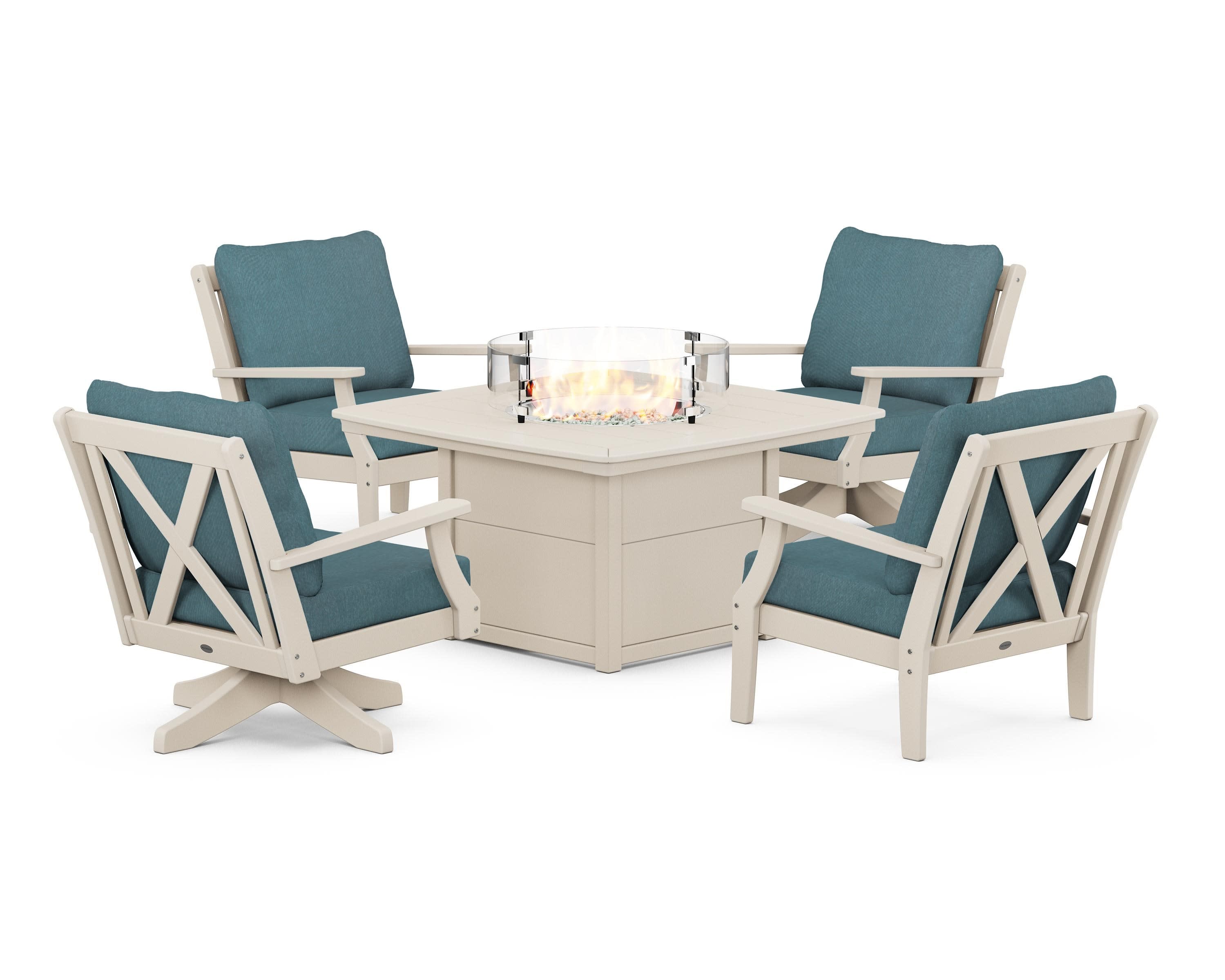 Braxton 5-Piece Deep Seating Set with Fire Table in Sand / Ocean Teal