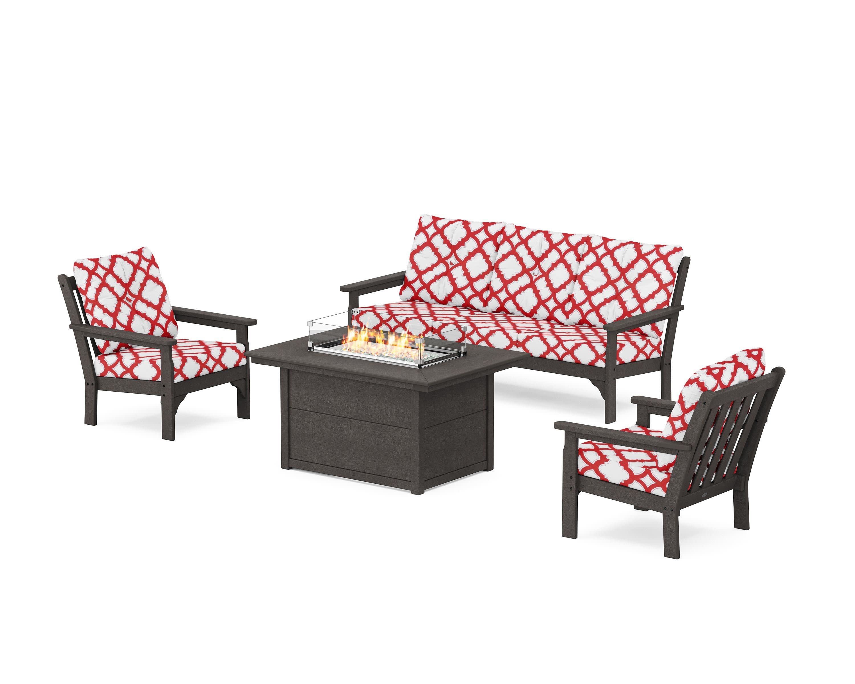 Vineyard Deep Seating Fire Pit Table Set in Vintage Coffee / Trellis Crimson