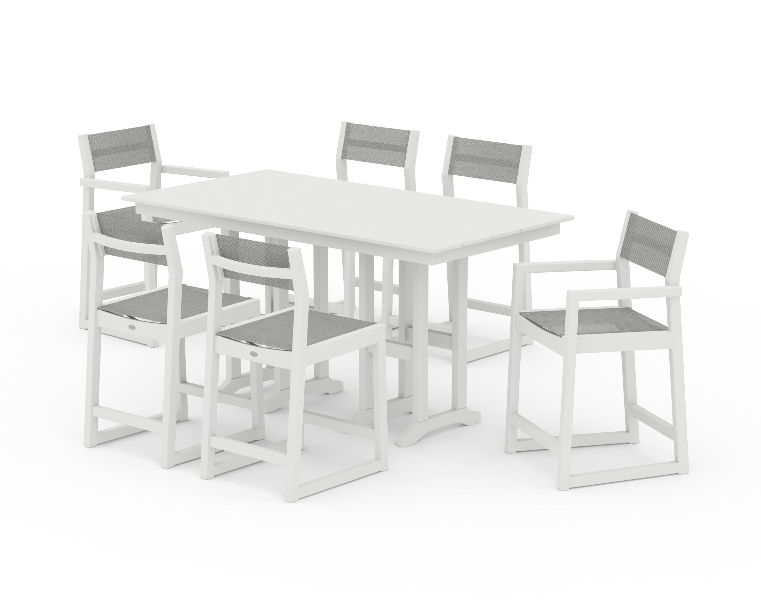EDGE Sling 7-Piece Farmhouse Counter Set with Trestle Legs in Vintage White / Metallic Sling