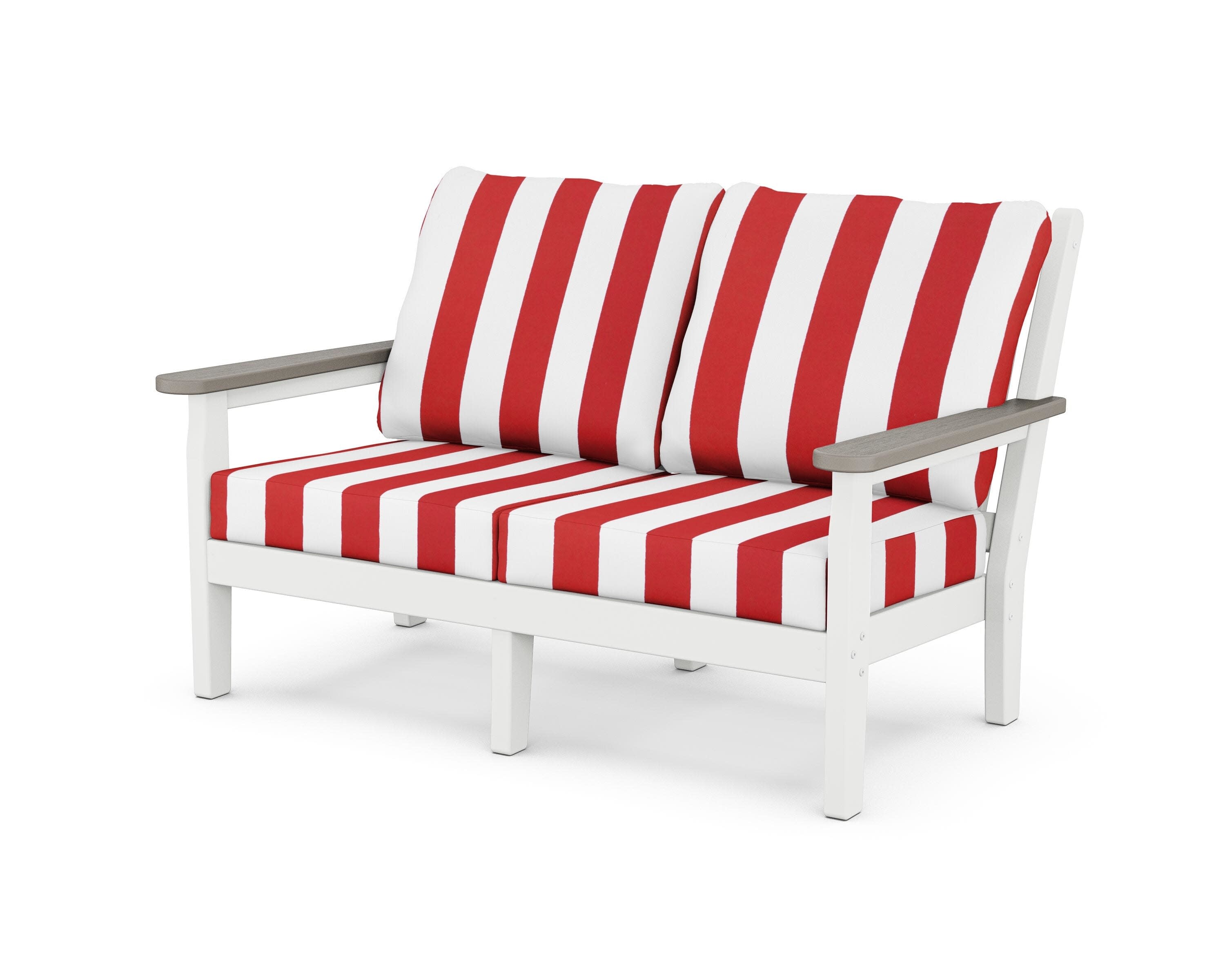 Chippendale Deep Seating Loveseat in White / Driftwood / Cabana Stripe Crimson