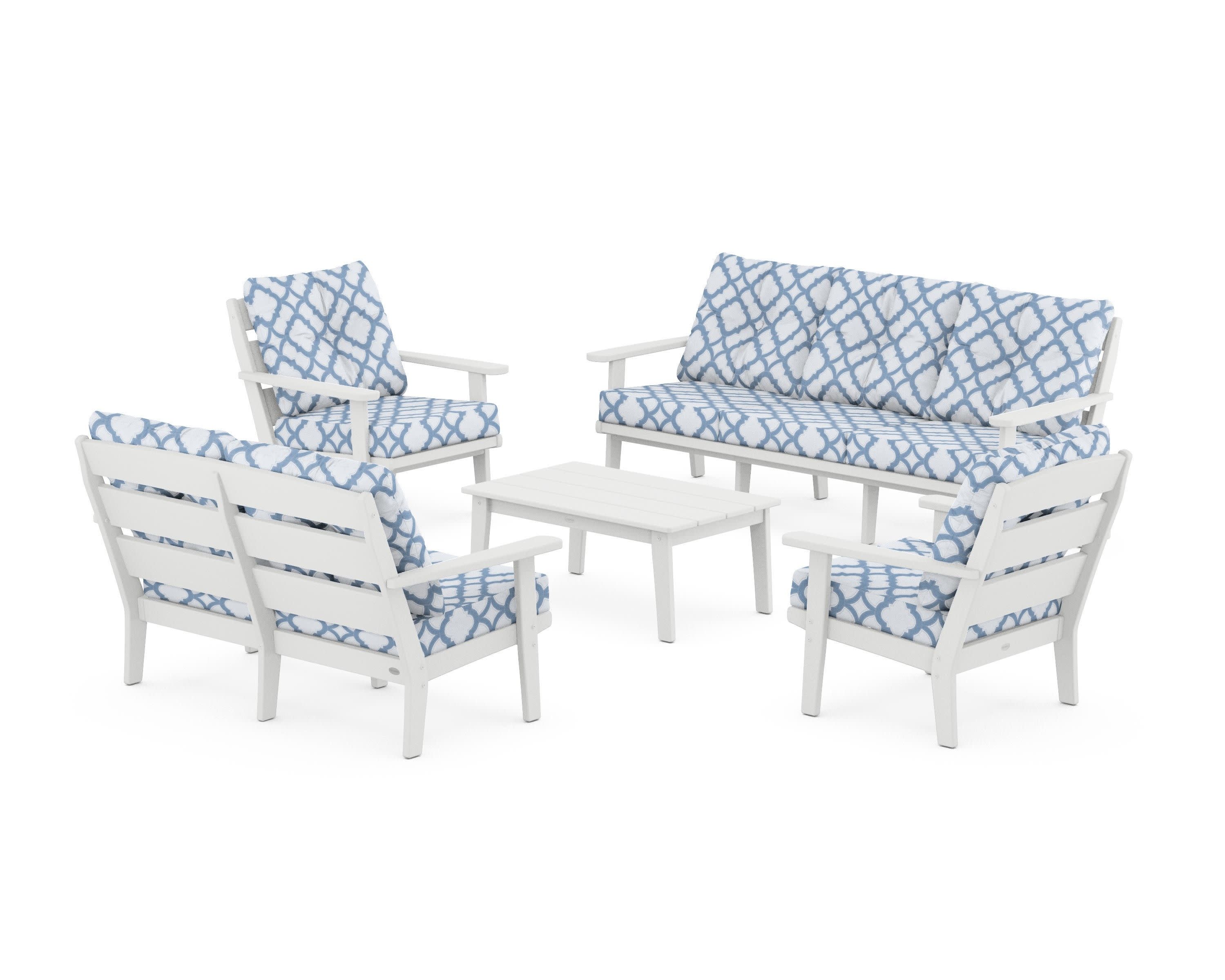 Lakeside 5-Piece Lounge Sofa Set in White / Trellis Sky Blue