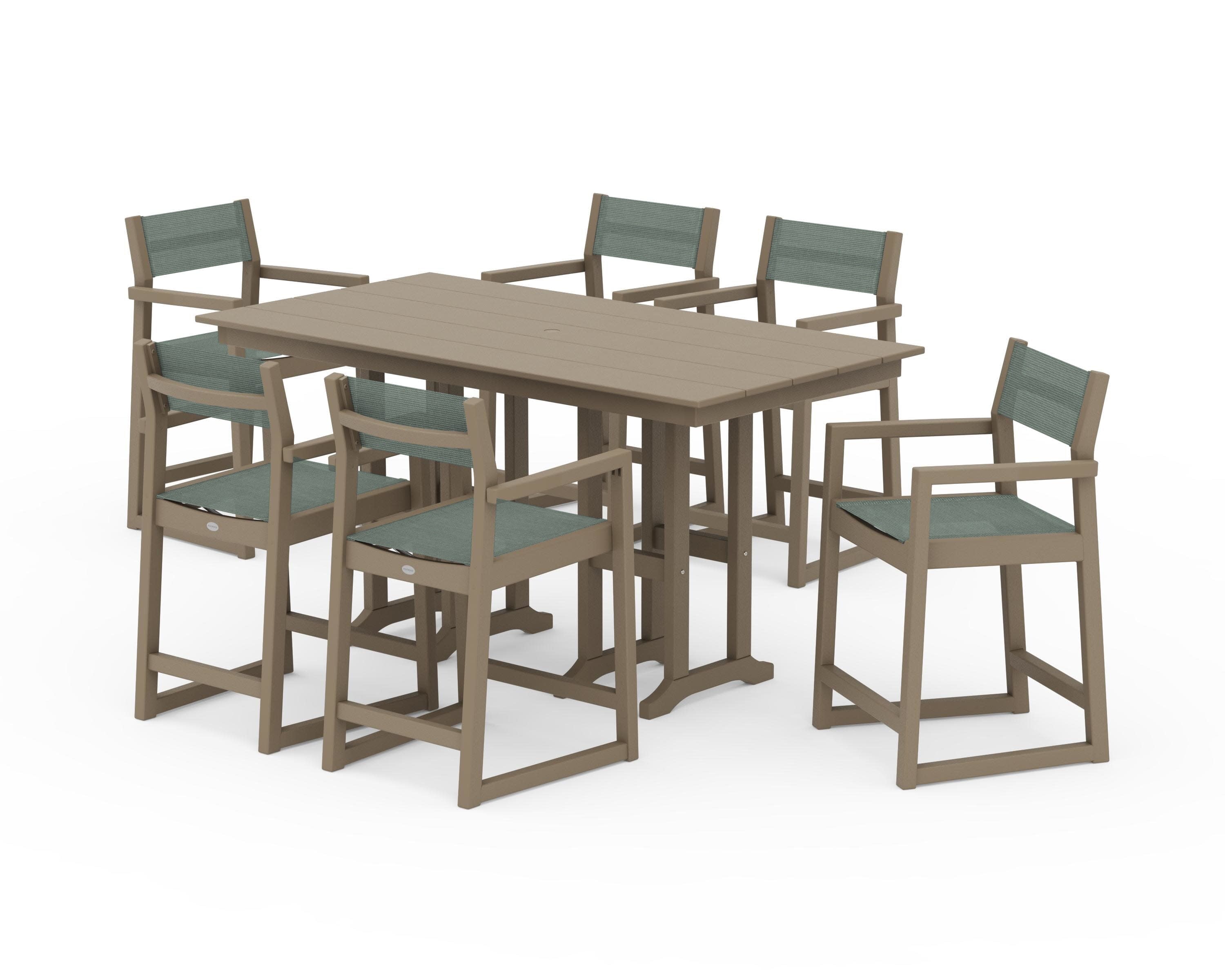 EDGE Sling Arm Chair 7-Piece Farmhouse Counter Set in Vintage Sahara / Dupioni Sea Mist Sling