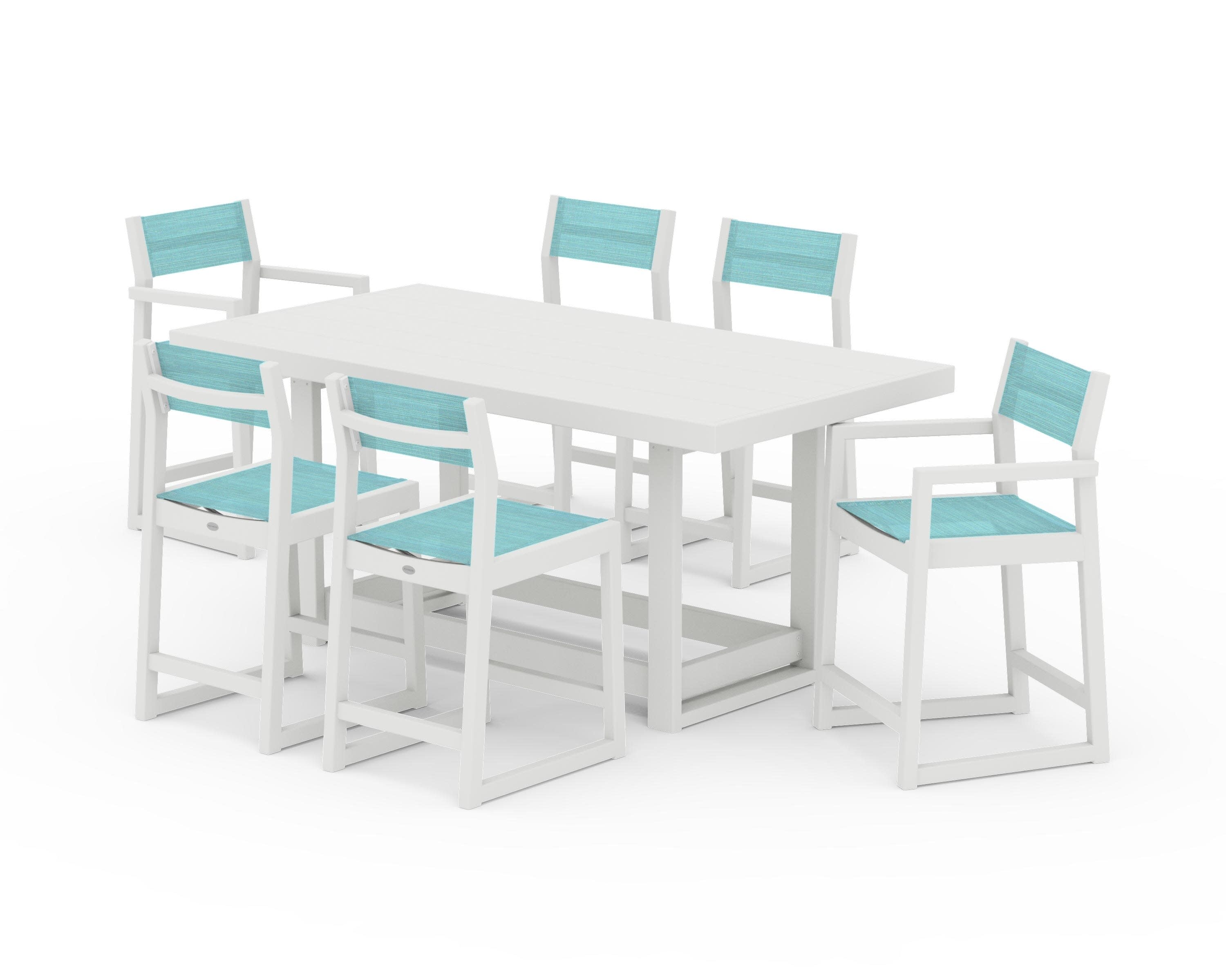 EDGE Sling 7-Piece Counter Table Set in Vintage White / Dupioni Aquamarine Sling