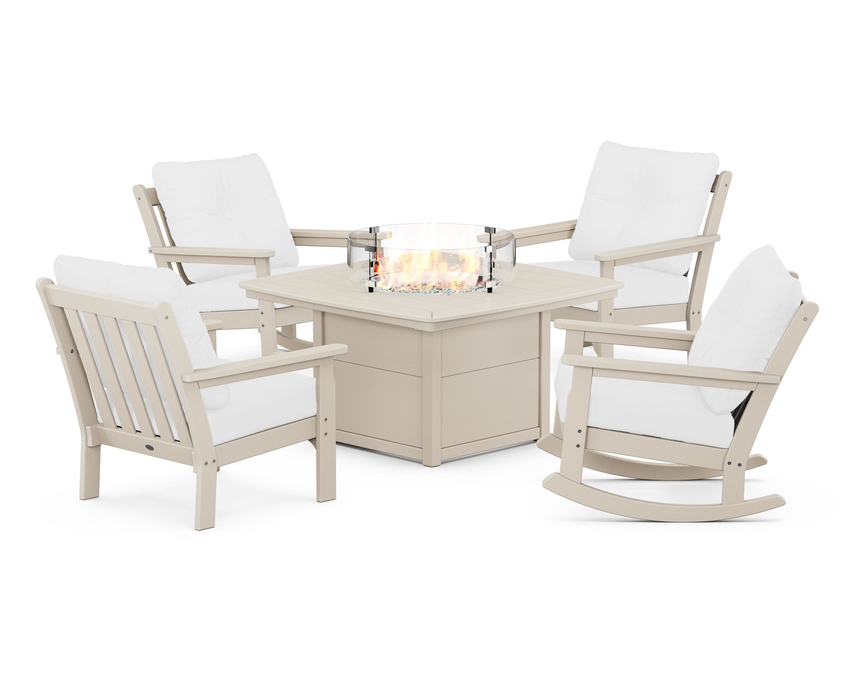Vineyard 5-Piece Deep Seating Rocking Chair Conversation Set with Fire Pit Table in Sand / Natural
