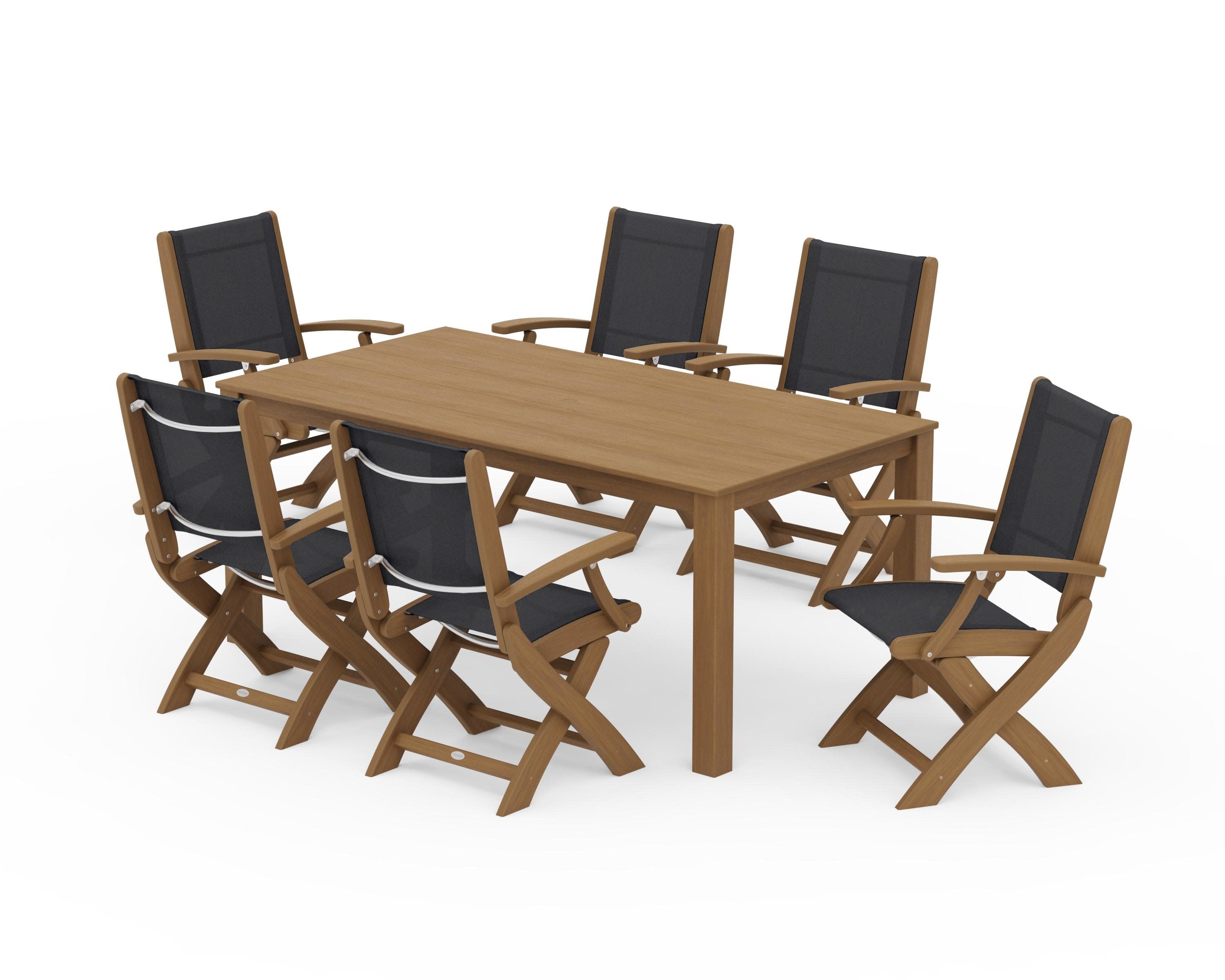 Coastal Folding Chair 7-Piece Parsons Dining Set in Natural / Black Sling