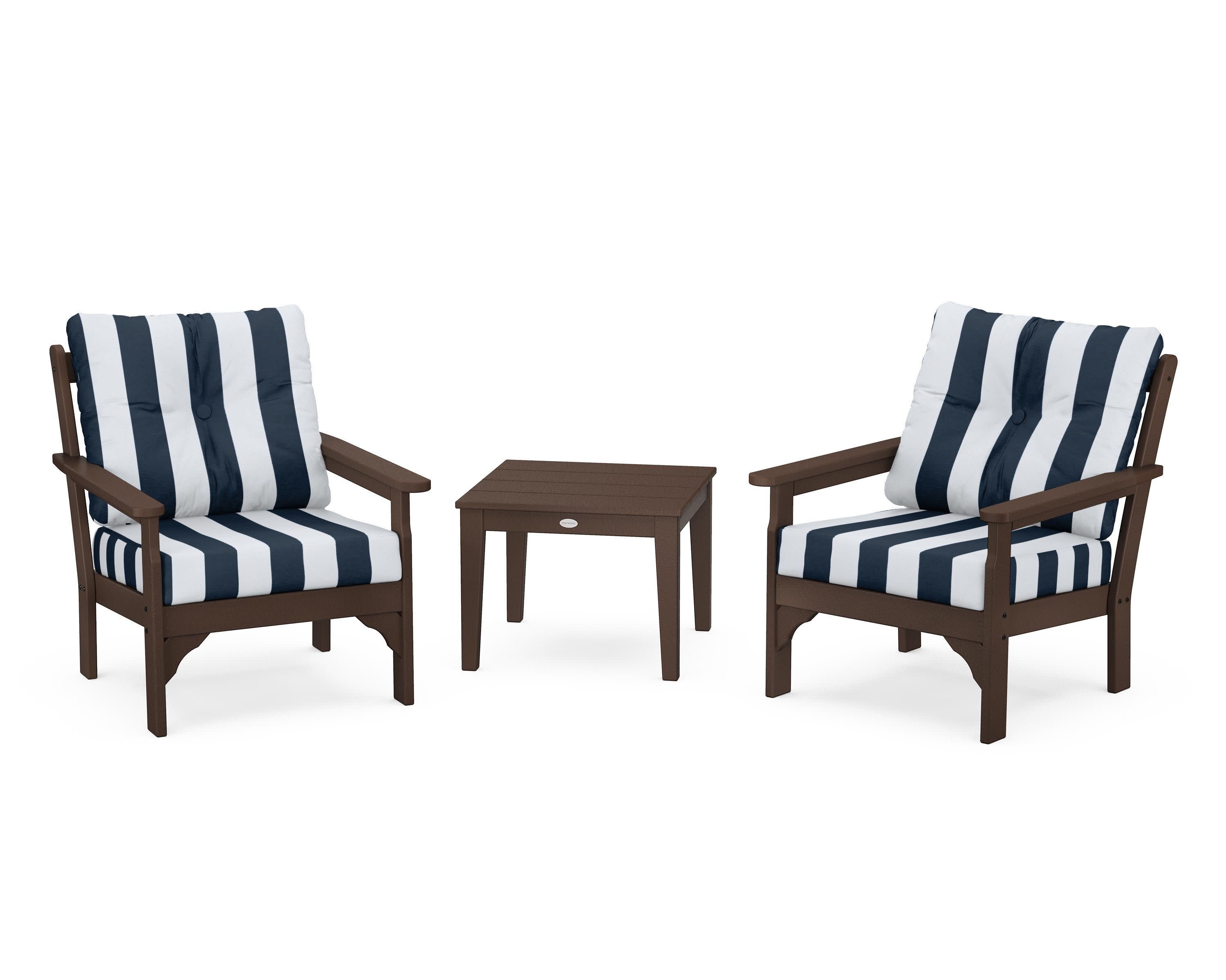 Vineyard 3-Piece Deep Seating Set in Mahogany / Cabana Stripe Marine Indigo