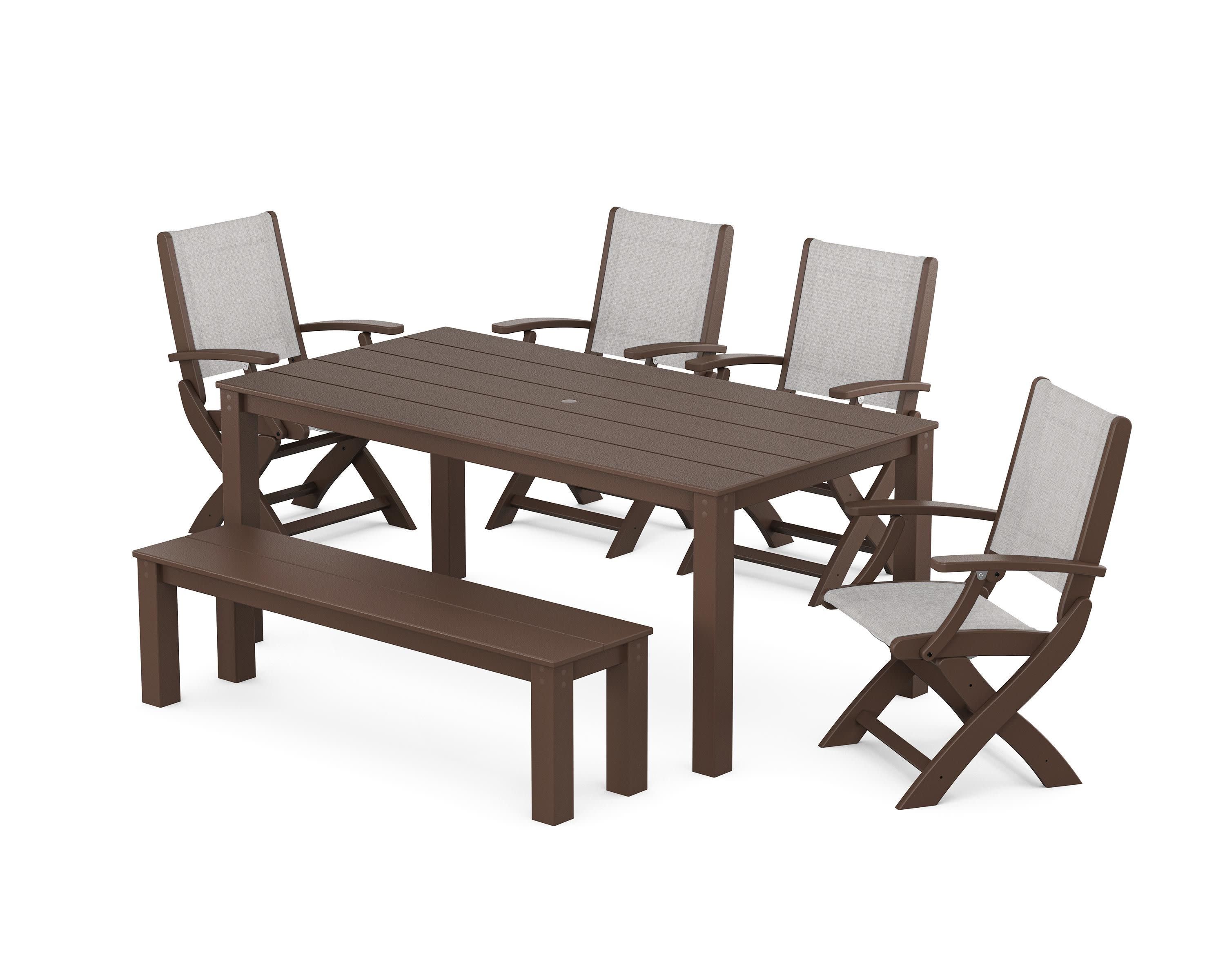 Coastal Folding Chair 6-Piece Parsons Dining Set with Bench in Mahogany / Parchment Sling