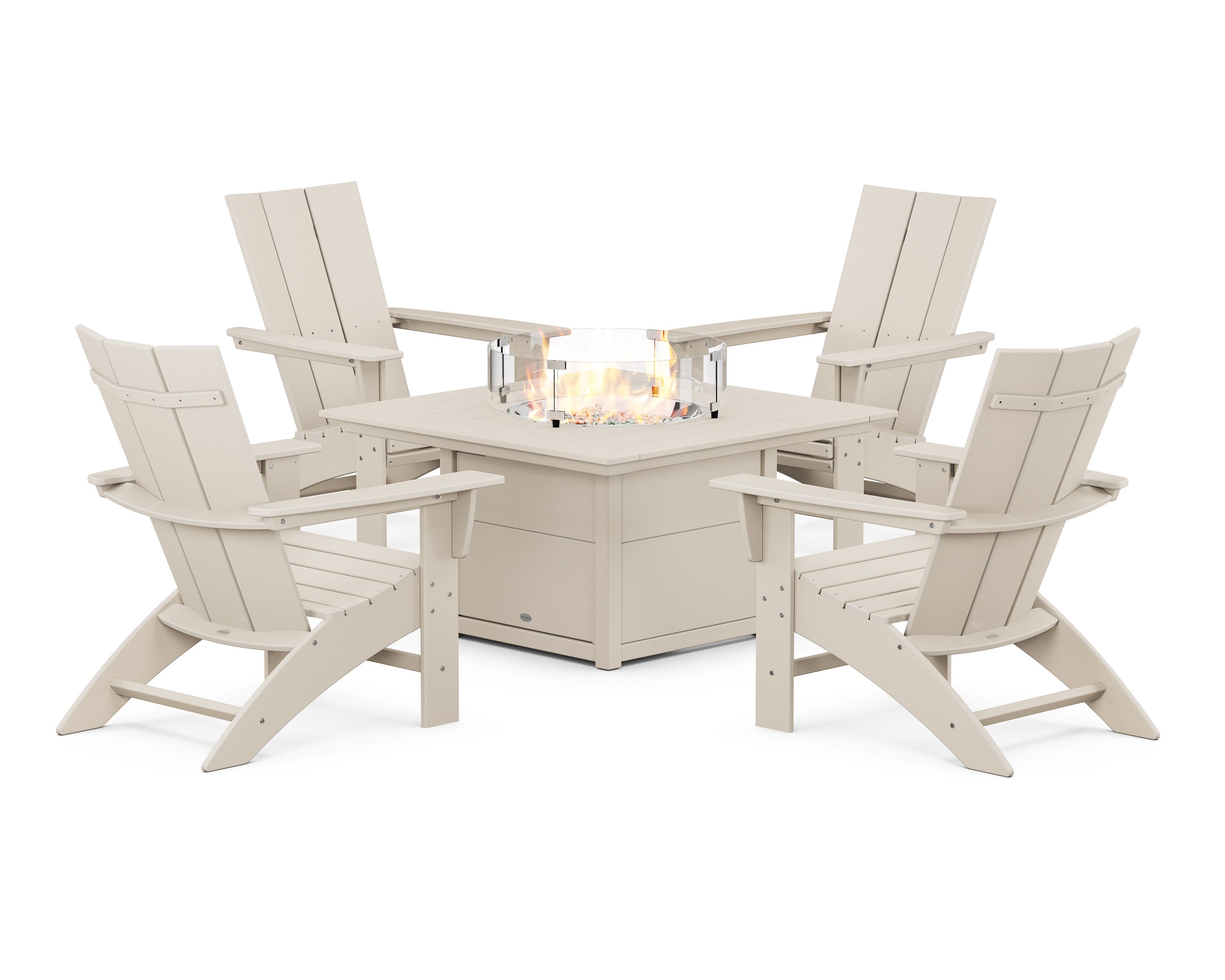 Modern Curveback Adirondack 5-Piece Conversation Set with Fire Pit Table in Sand