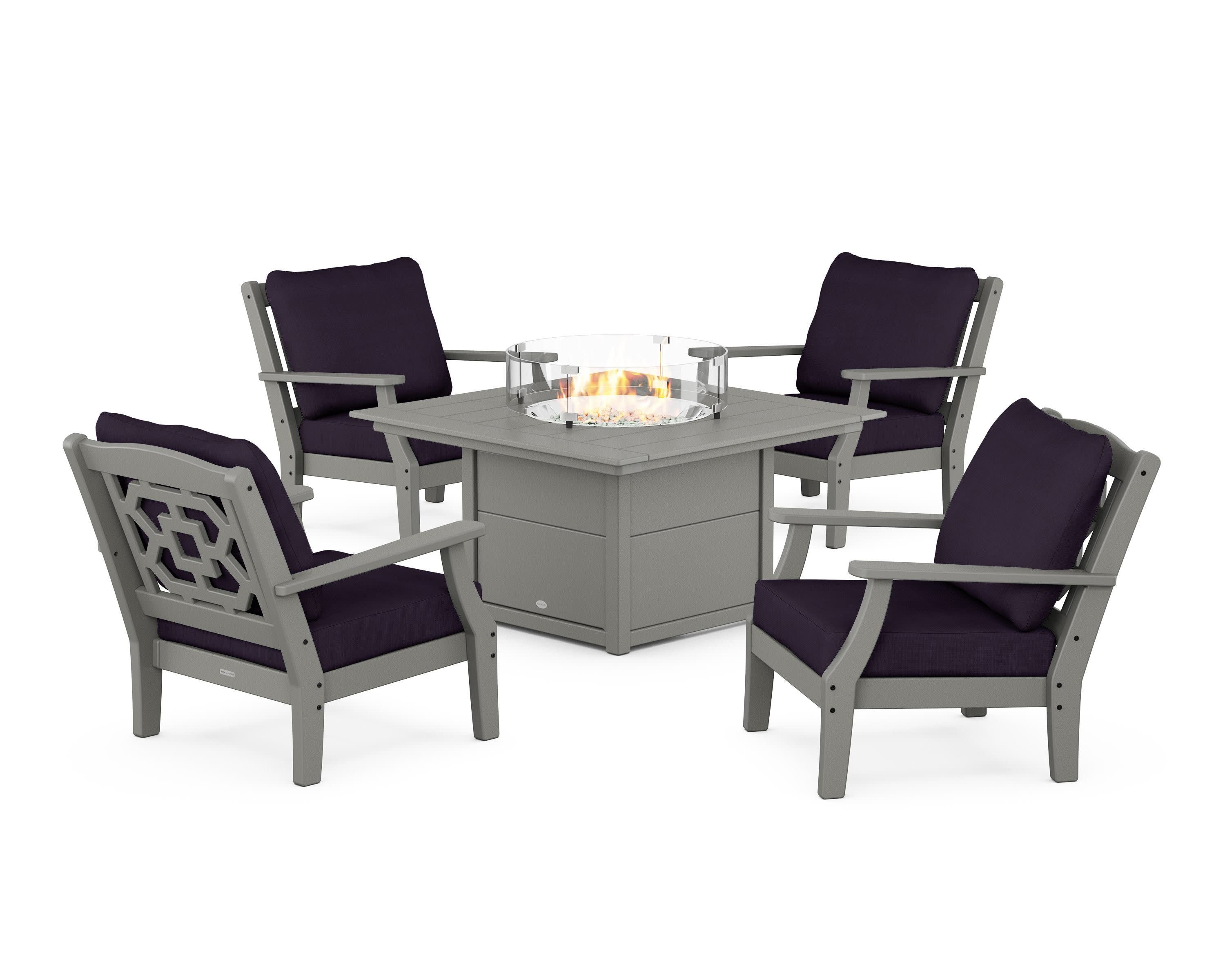 Chinoiserie 5-Piece Deep Seating Set with Fire Pit Table in Slate Grey / Navy Linen