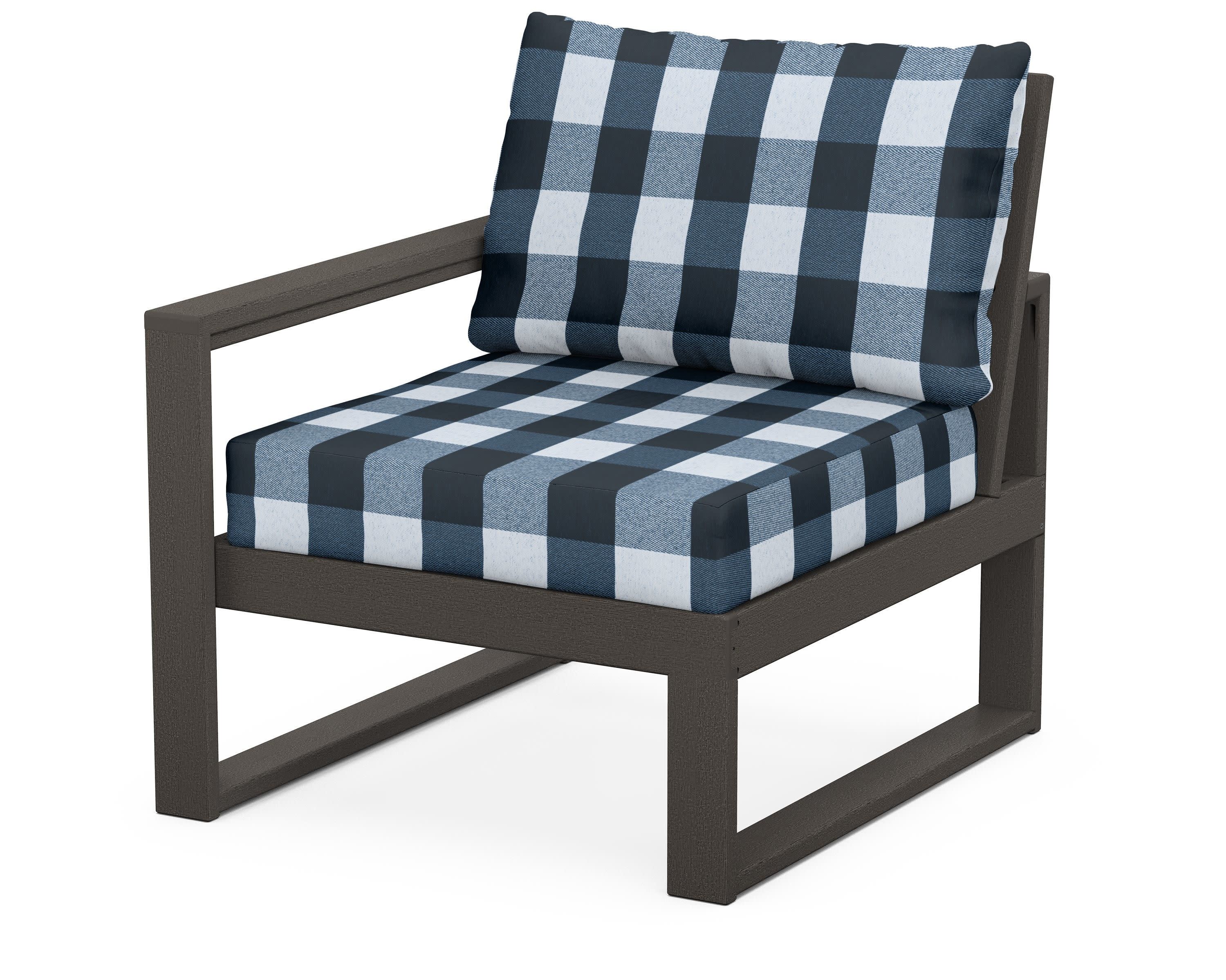 EDGE Modular Left Arm Chair in Vintage Coffee / Buffalo Plaid Marine Indigo