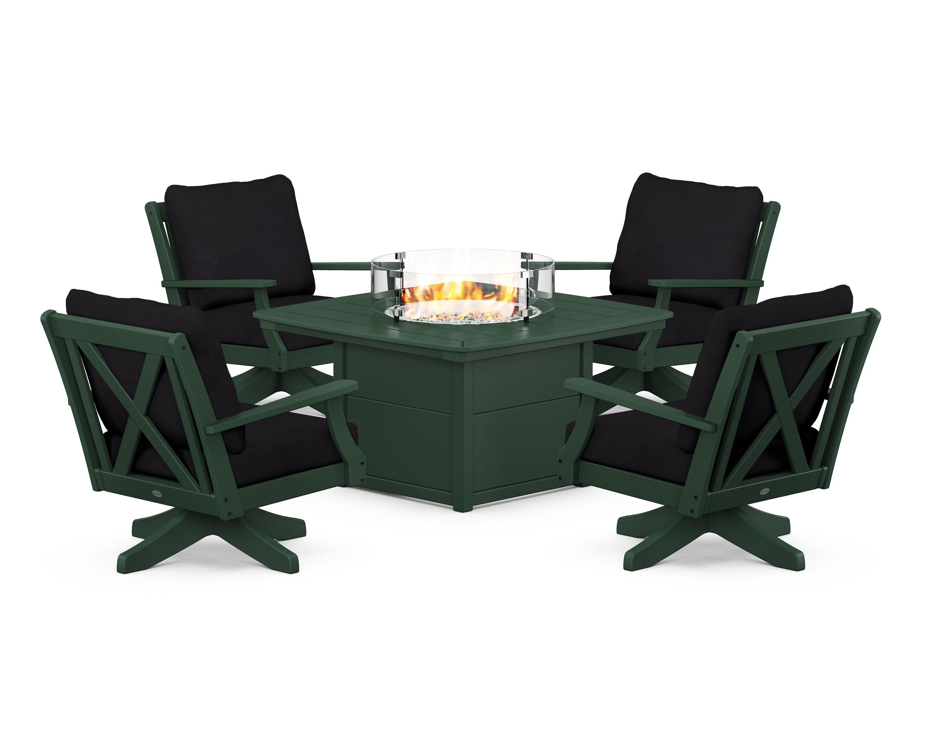 Braxton 5-Piece Deep Seating Swivel Conversation Set with Fire Pit Table in Green / Midnight Linen