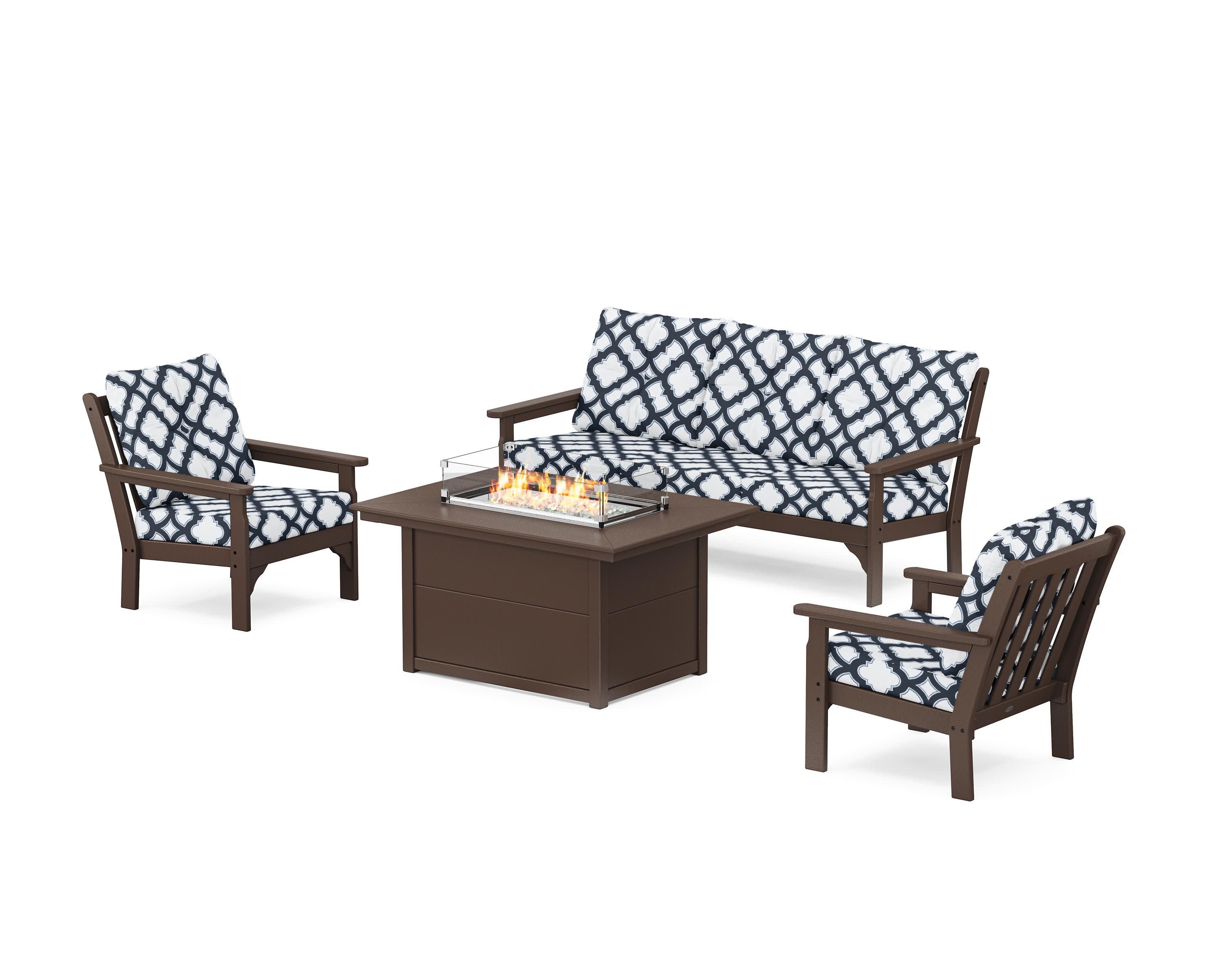 Vineyard Deep Seating Fire Pit Table Set in Mahogany / Trellis Marine Indigo