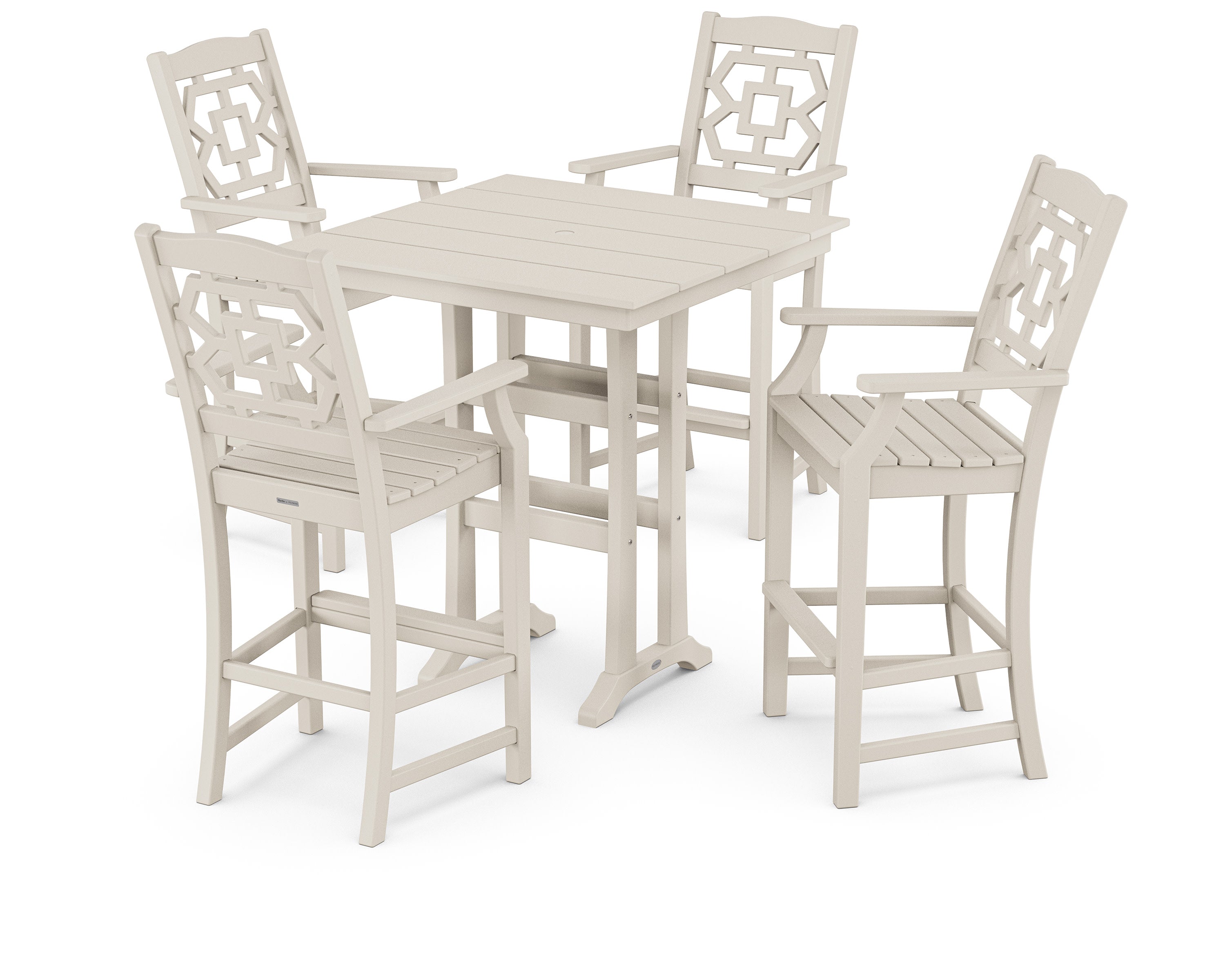 Chinoiserie 5-Piece Farmhouse Bar Set with Trestle Legs in Sand