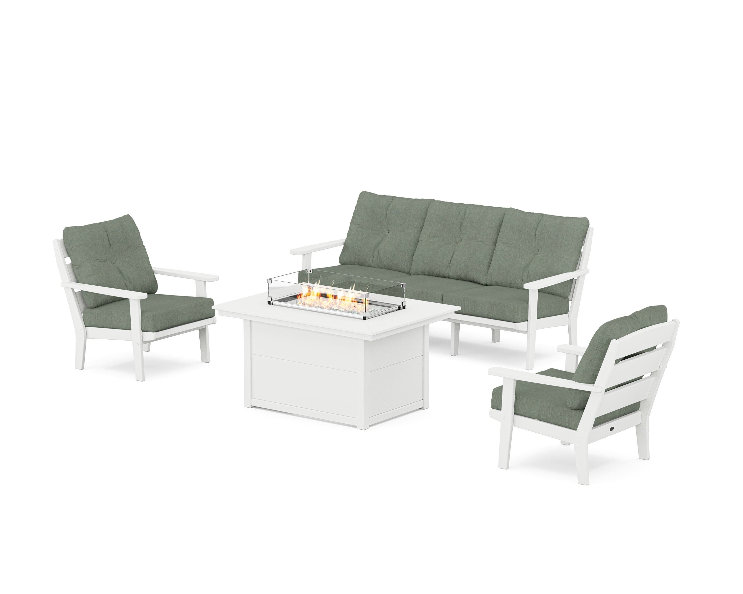 Lakeside Deep Seating Fire Pit Table Set in White / Cast Sage