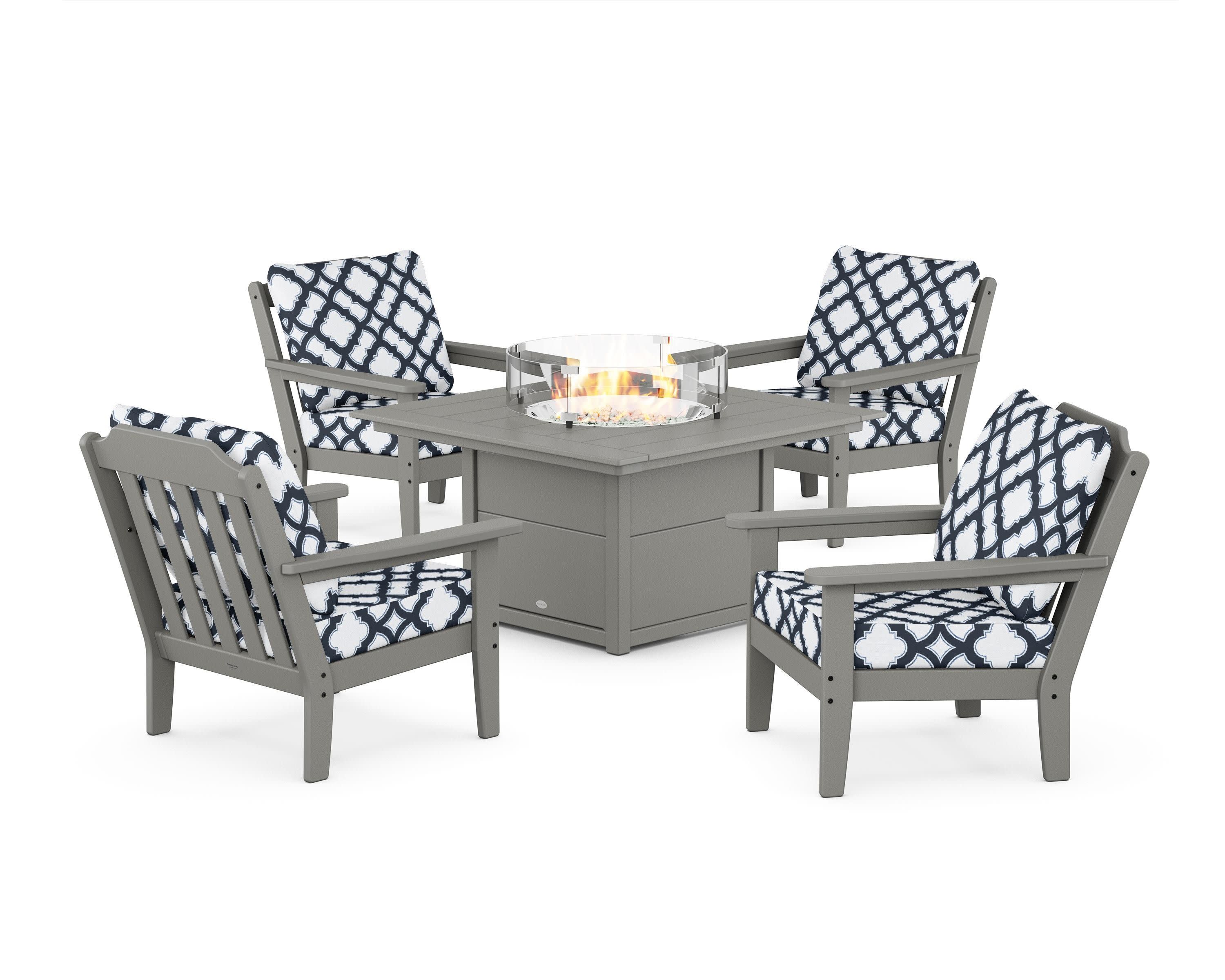 Cottage 5-Piece Deep Seating Set with Fire Pit Table in Slate Grey / Trellis Marine Indigo