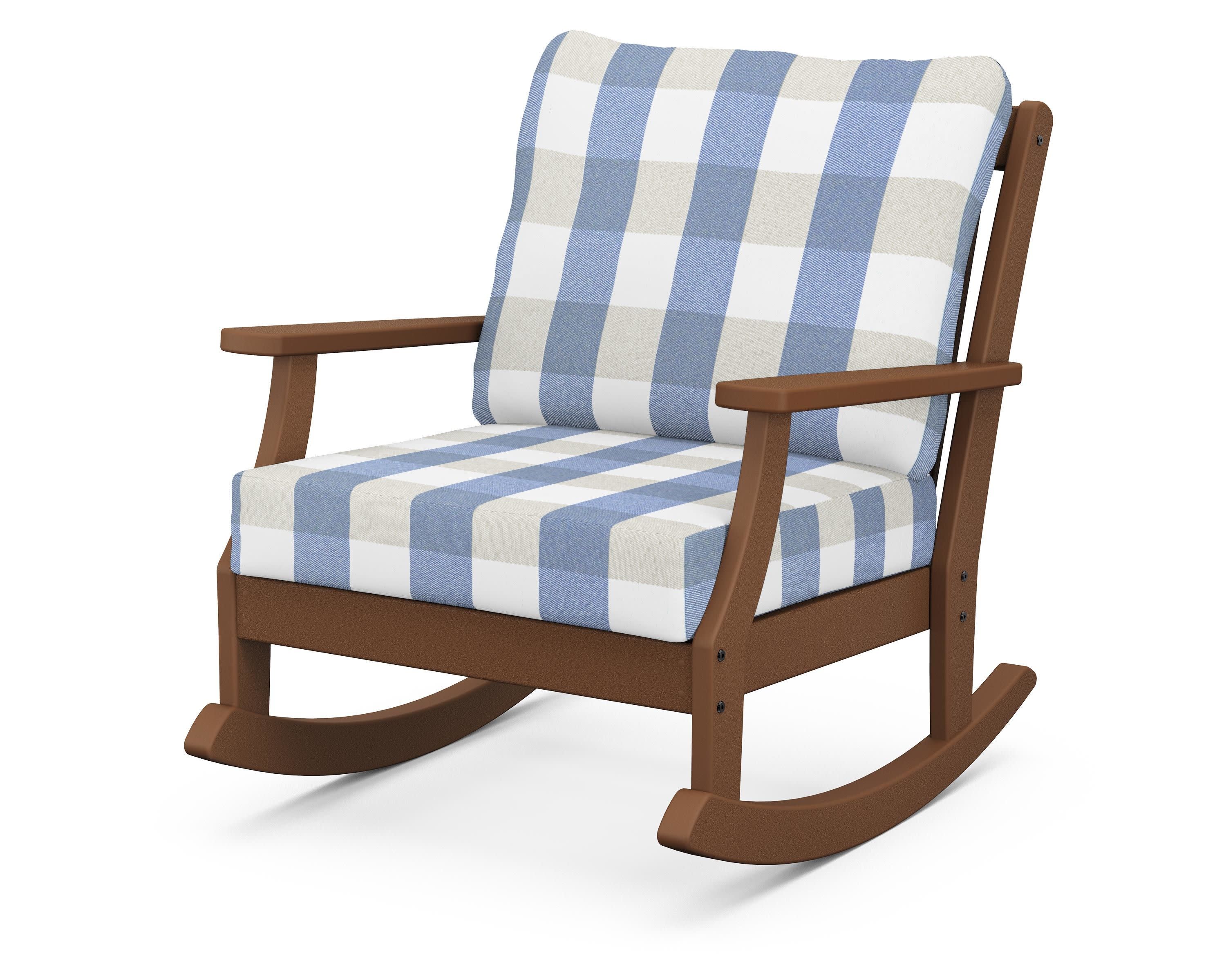 Braxton Deep Seating Rocking Chair in Teak / Buffalo Plaid Sky Blue