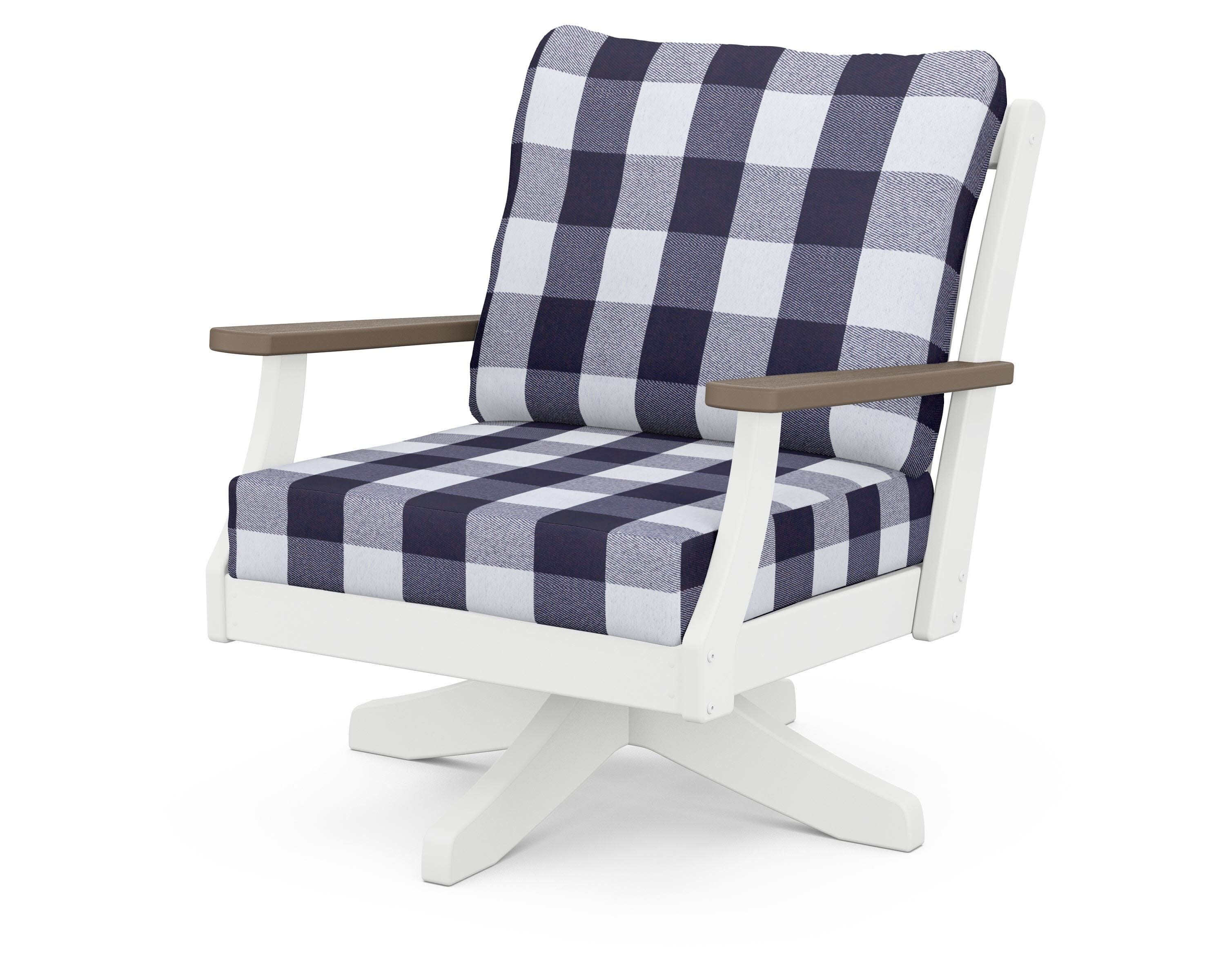 Braxton Deep Seating Swivel Chair in White / Kona / Buffalo Plaid Navy