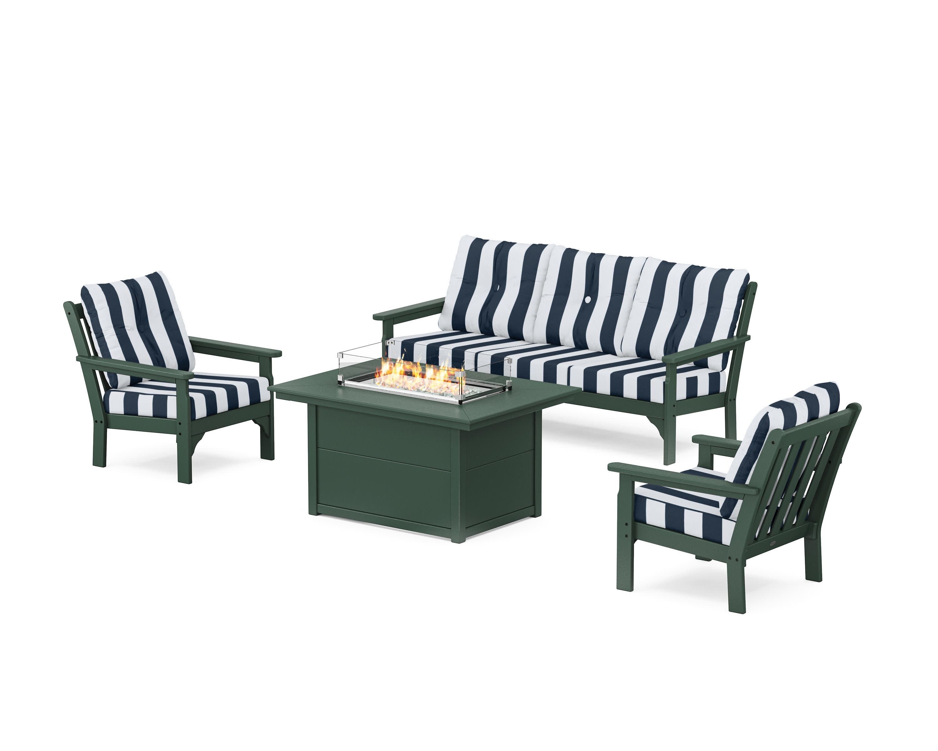 Vineyard Deep Seating Fire Pit Table Set in Green / Cabana Stripe Marine Indigo