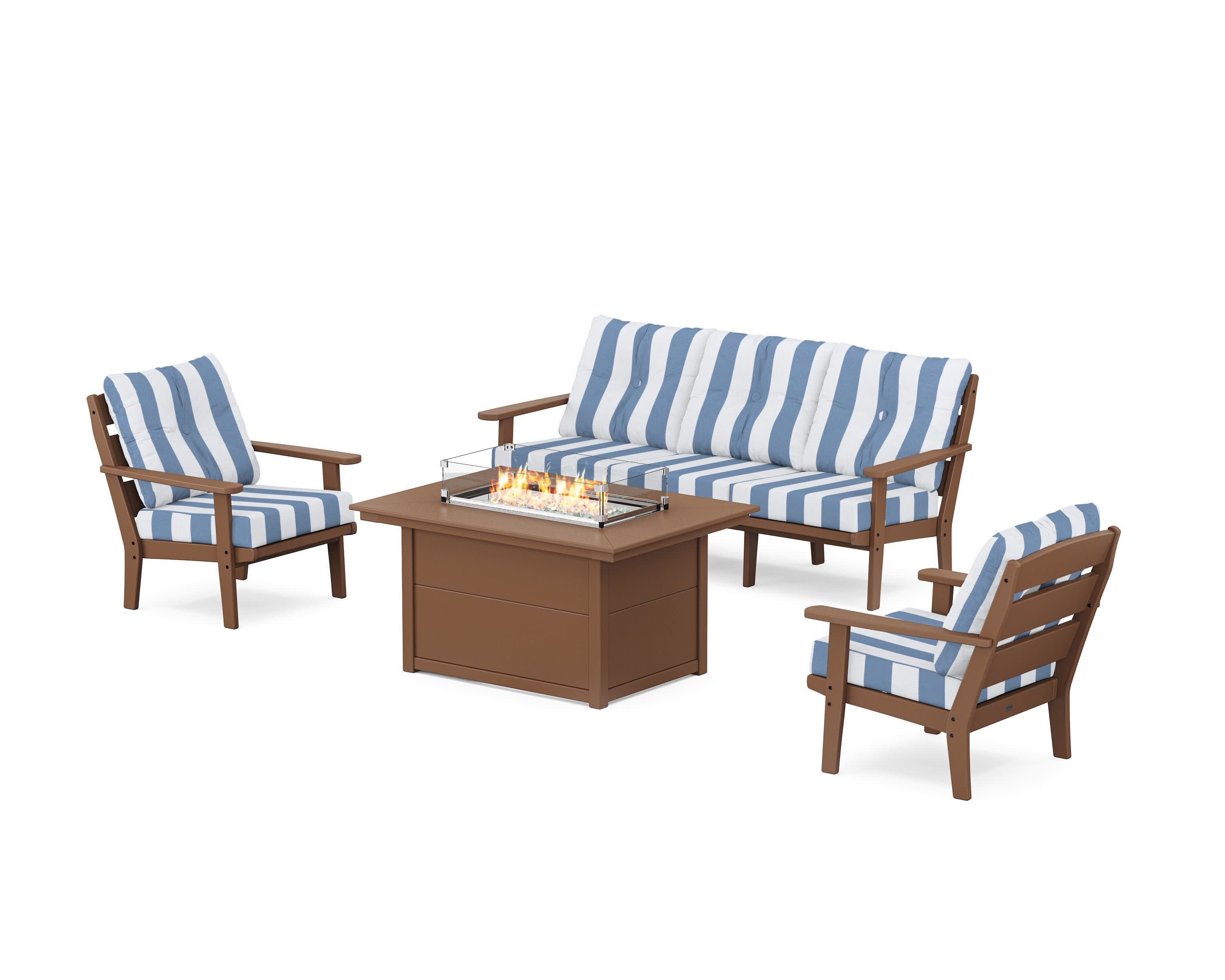 Lakeside Deep Seating Fire Pit Table Set in Teak / Cabana Stripe Sky Blue