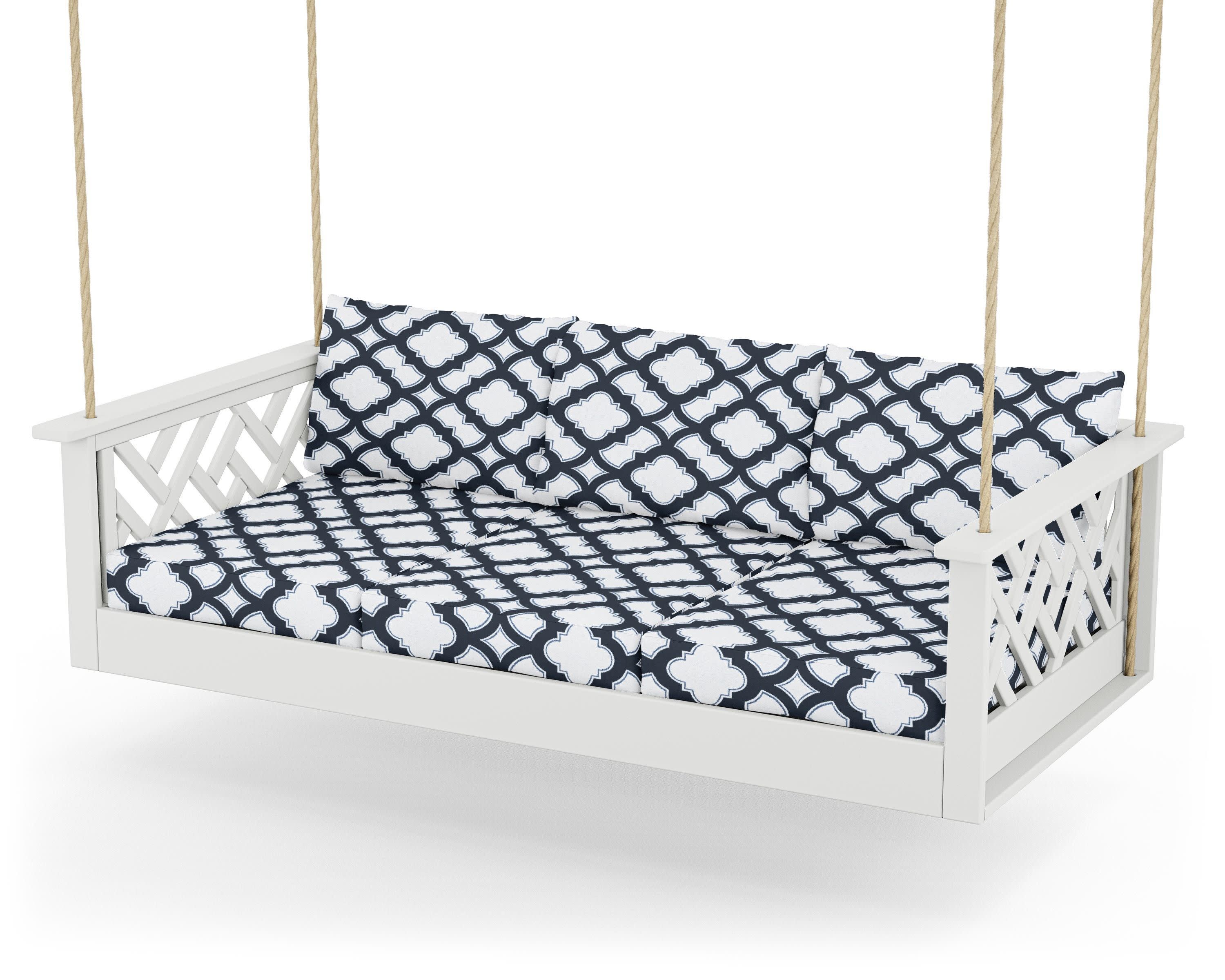 Chippendale Daybed Swing in White / Trellis Marine Indigo