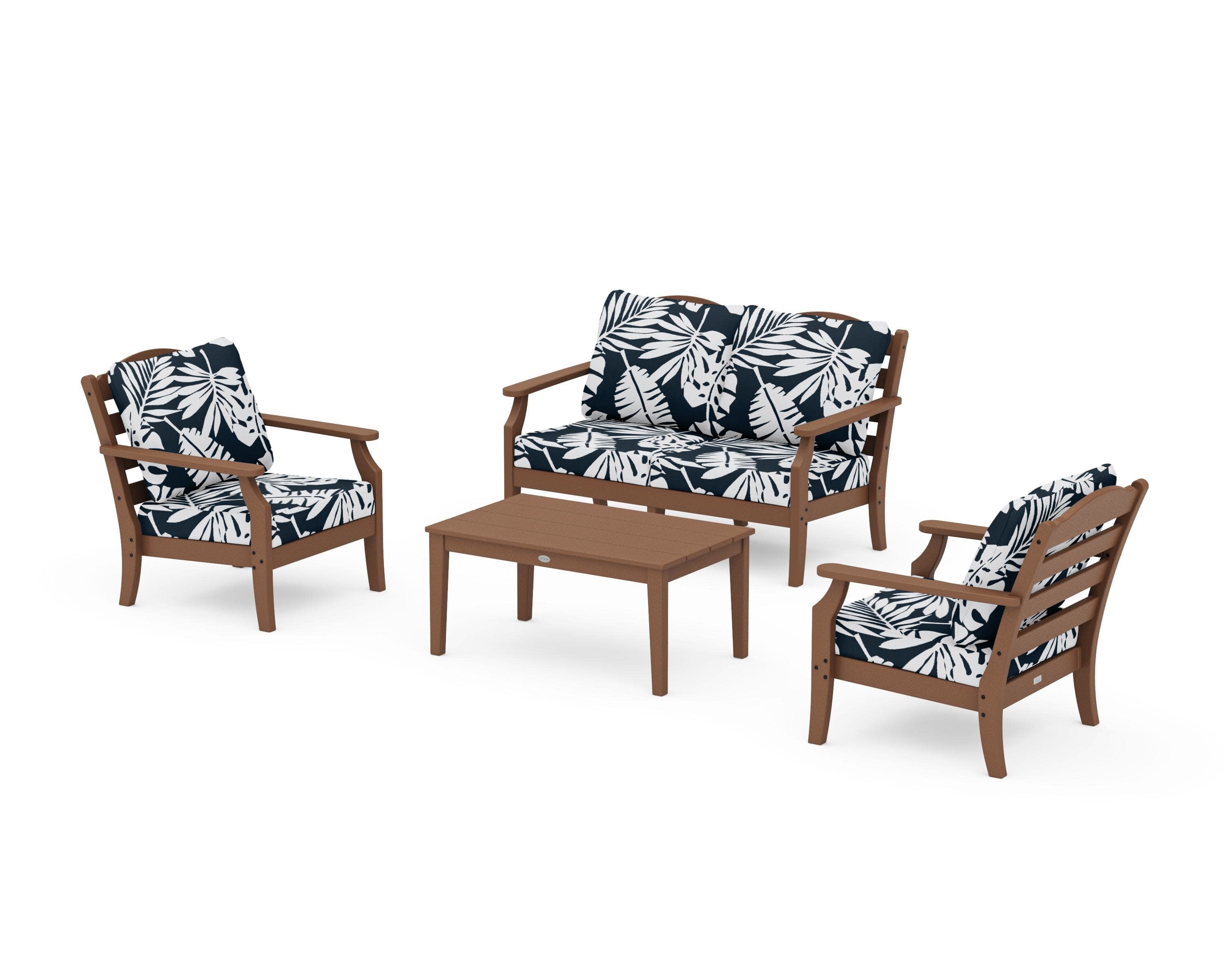 Savannah 4-Piece Deep Seating Set with Loveseat in Teak / Leaf Marine Indigo