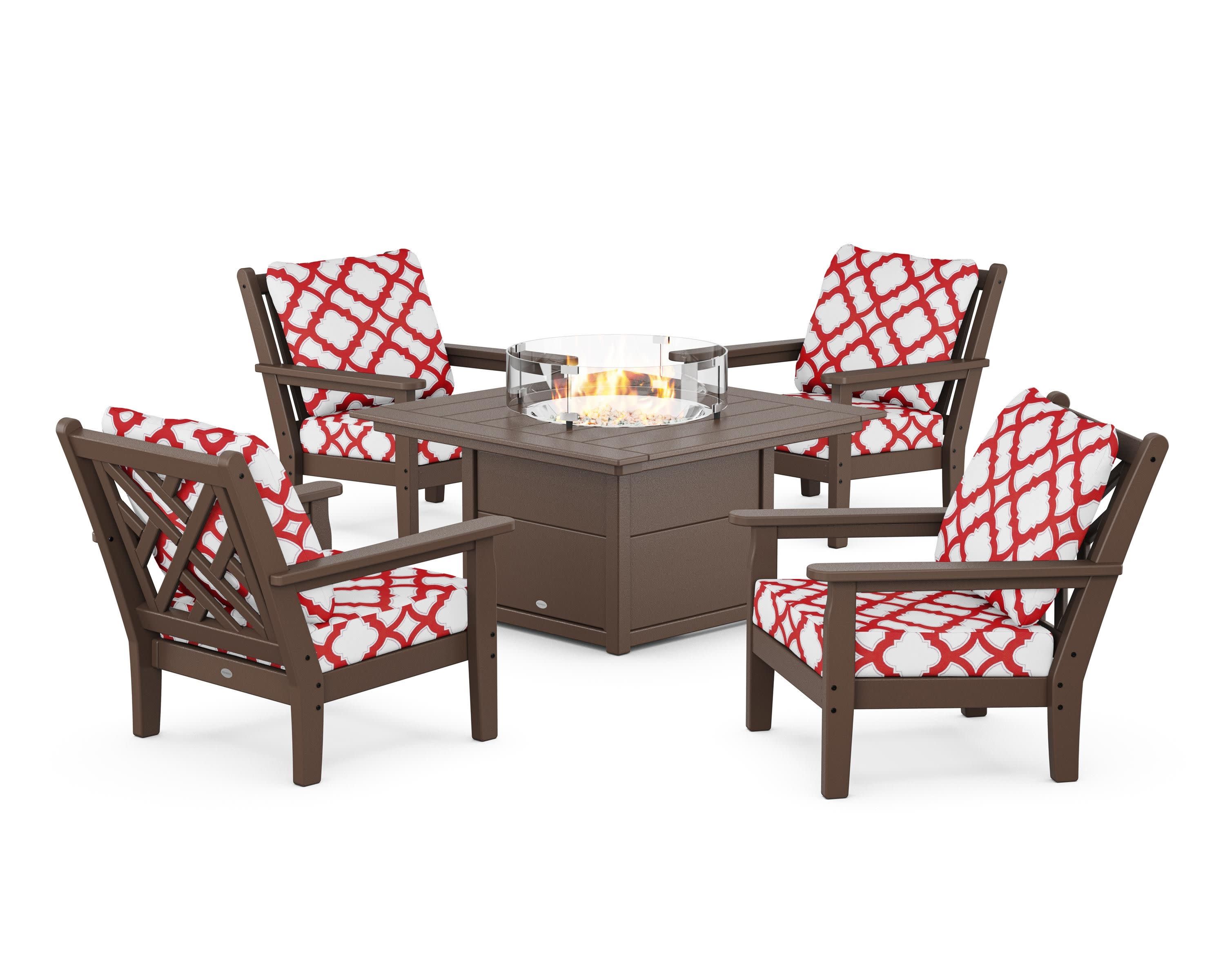 Chippendale 5-Piece Deep Seating Set with Fire Pit Table in Mahogany / Trellis Crimson