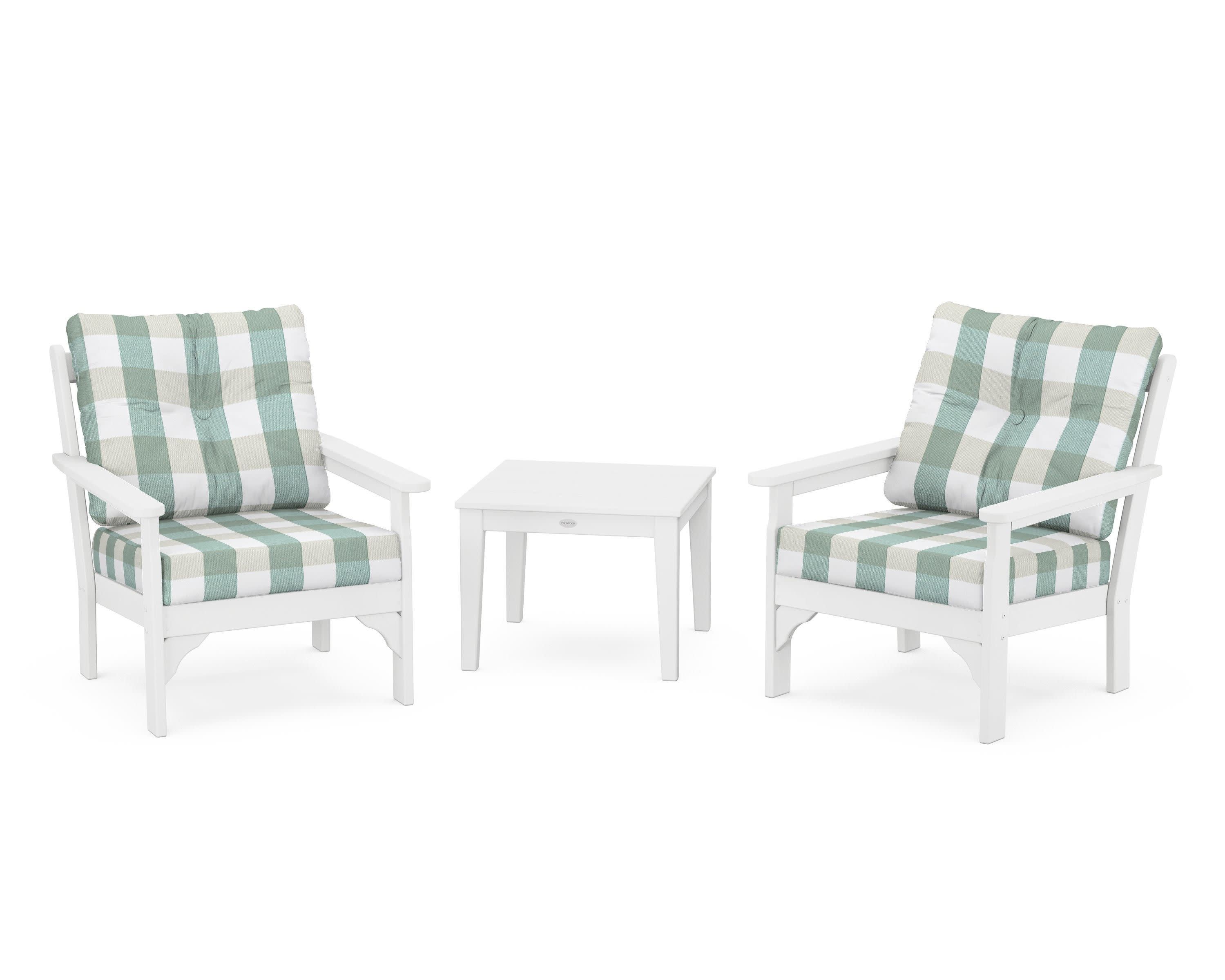 Vineyard 3-Piece Deep Seating Set in White / Buffalo Plaid Glacier Spa