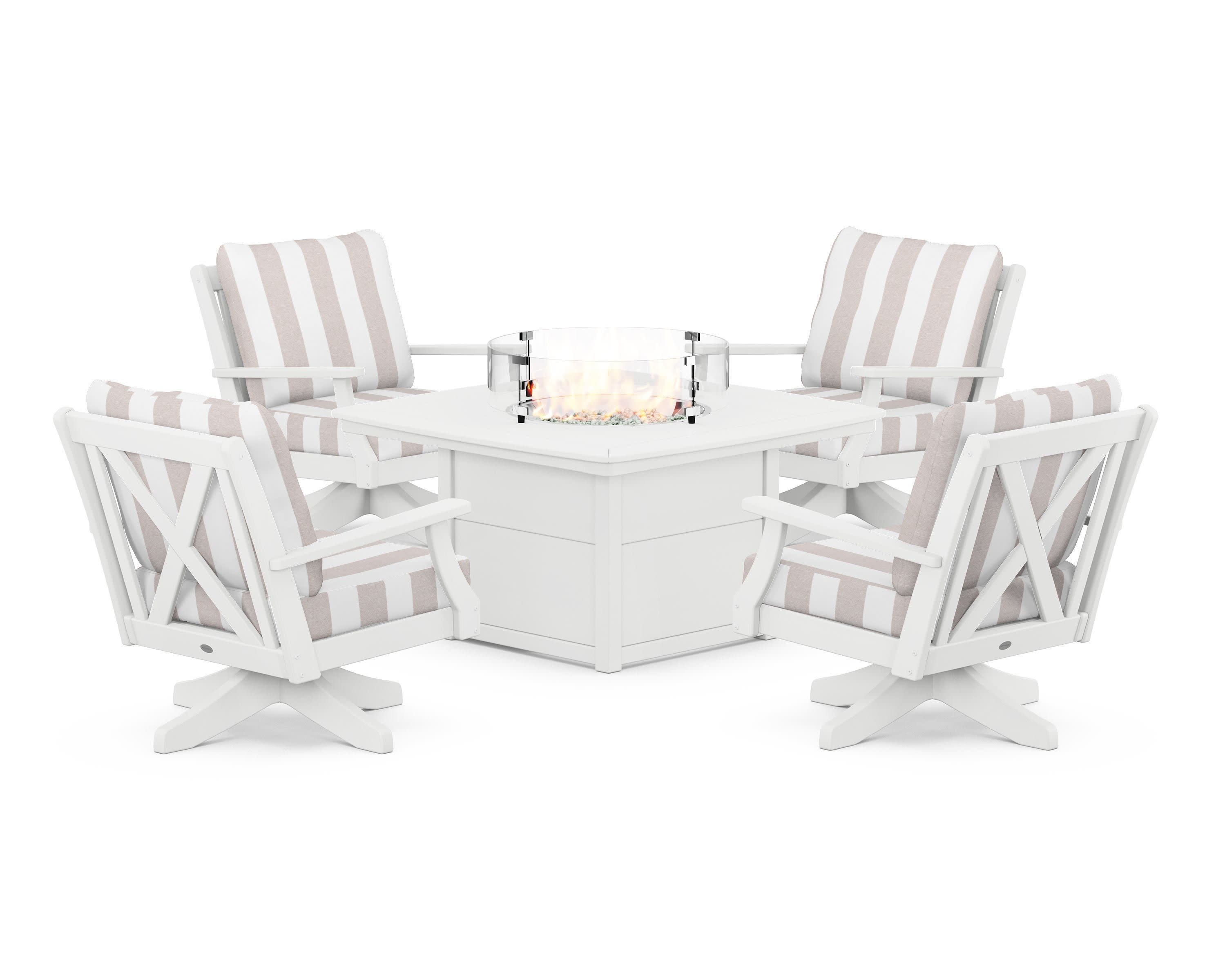 Braxton 5-Piece Deep Seating Swivel Conversation Set with Fire Pit Table in White / Cabana Stripe Dune Burlap