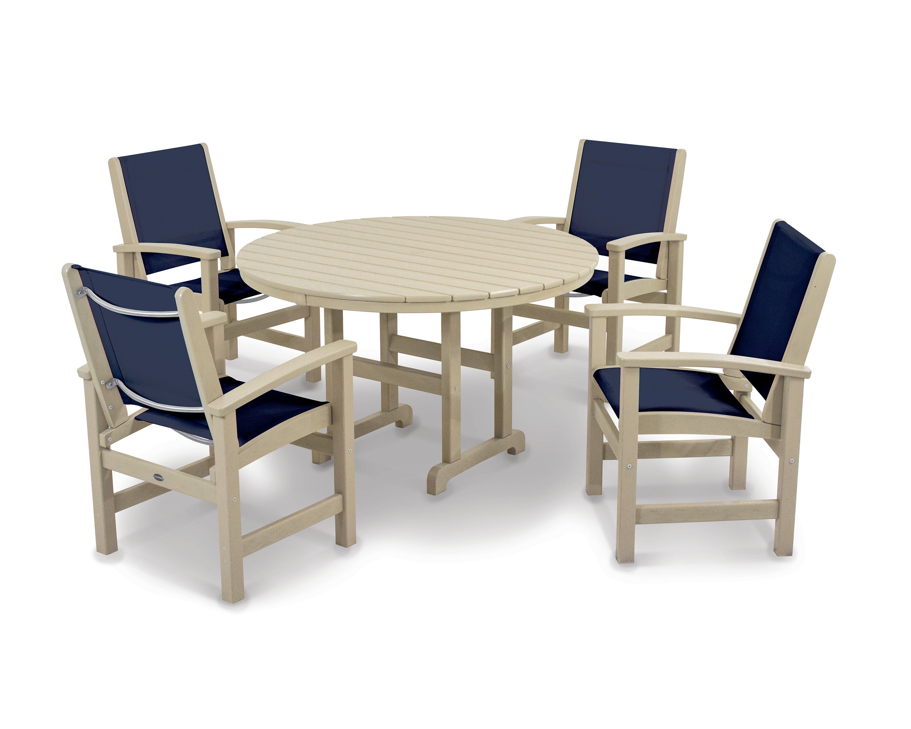 Coastal 5-Piece Round Farmhouse Dining Set in Sand / Navy Blue Sling