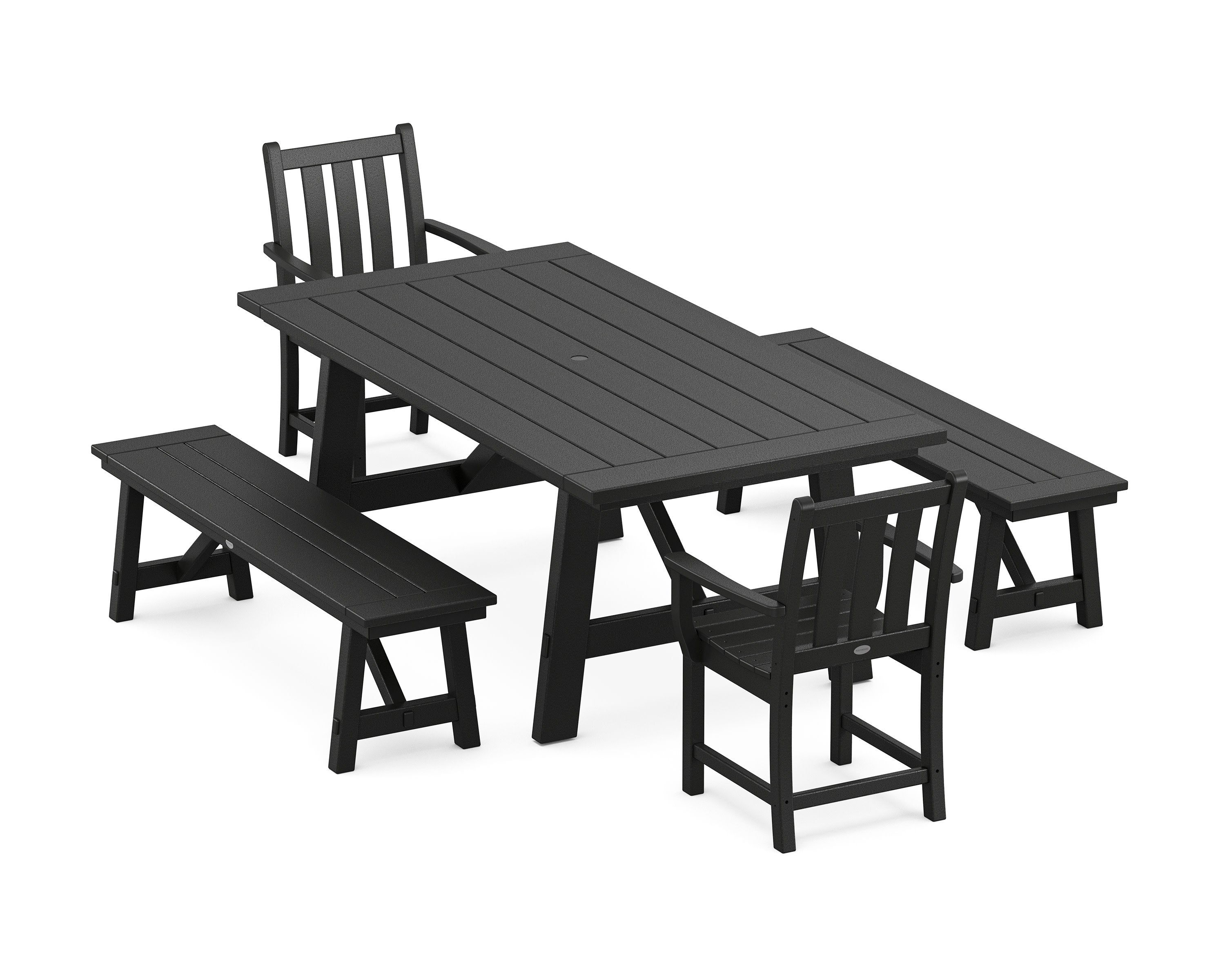 Traditional Garden 5-Piece Rustic Farmhouse Dining Set With Benches in Black