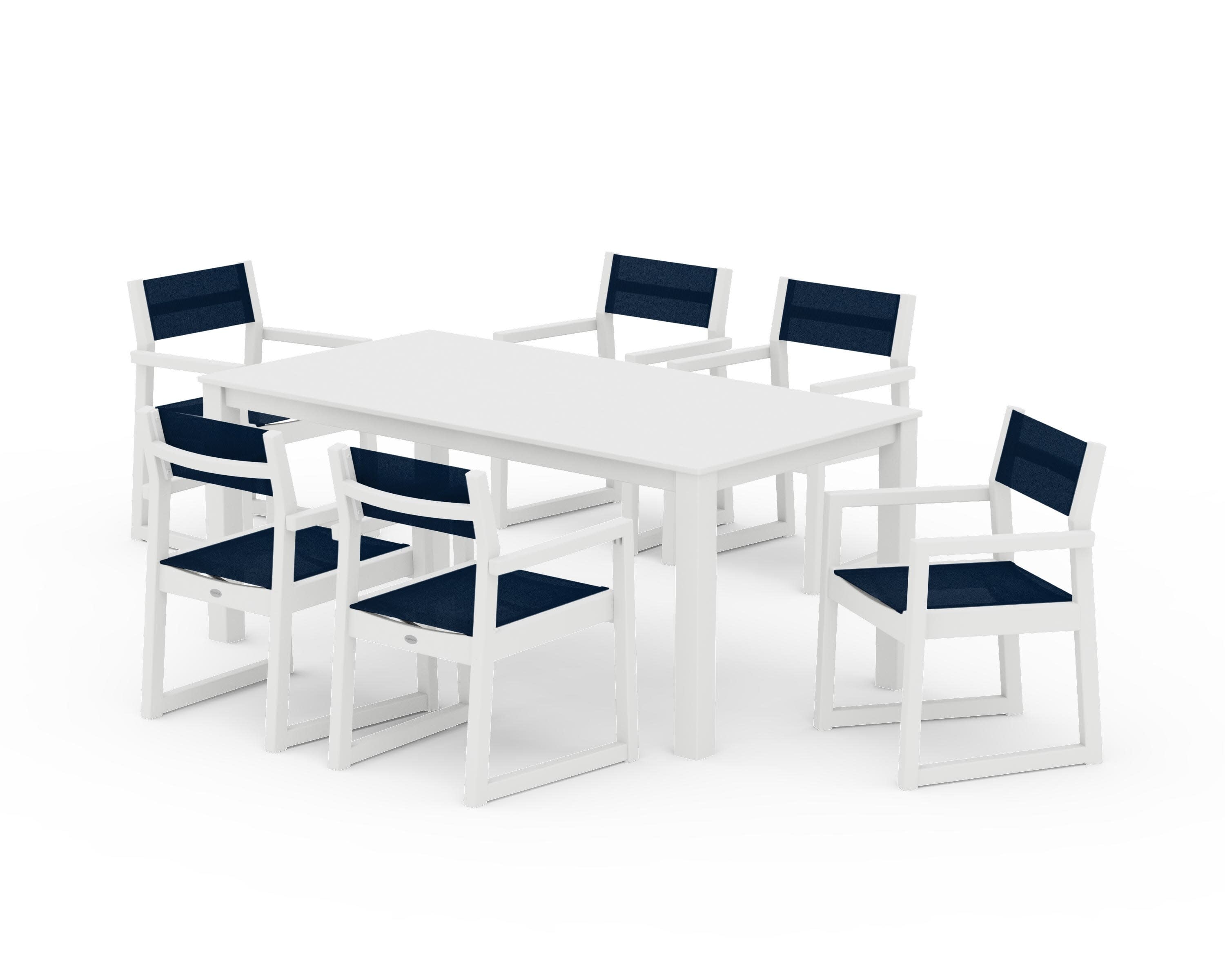 EDGE Sling Arm Chair 7-Piece Parsons Dining Set in White / Navy Blue Sling