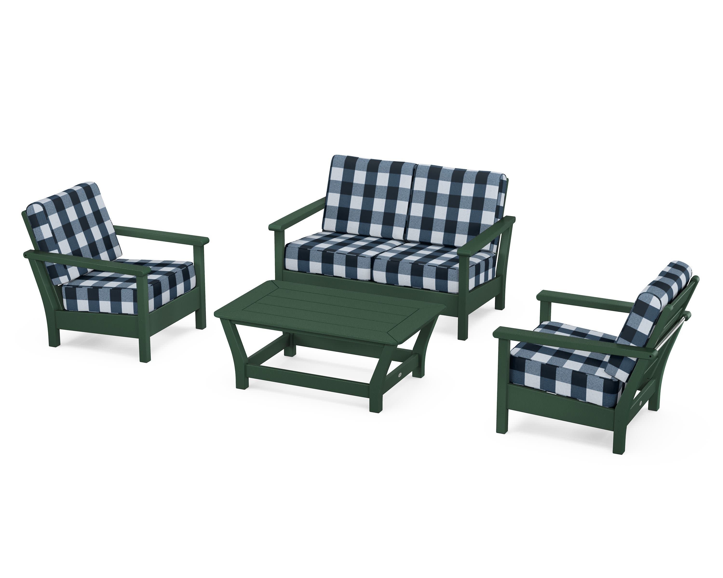 Harbour 4-Piece Deep Seating Set in Green / Buffalo Plaid Marine Indigo
