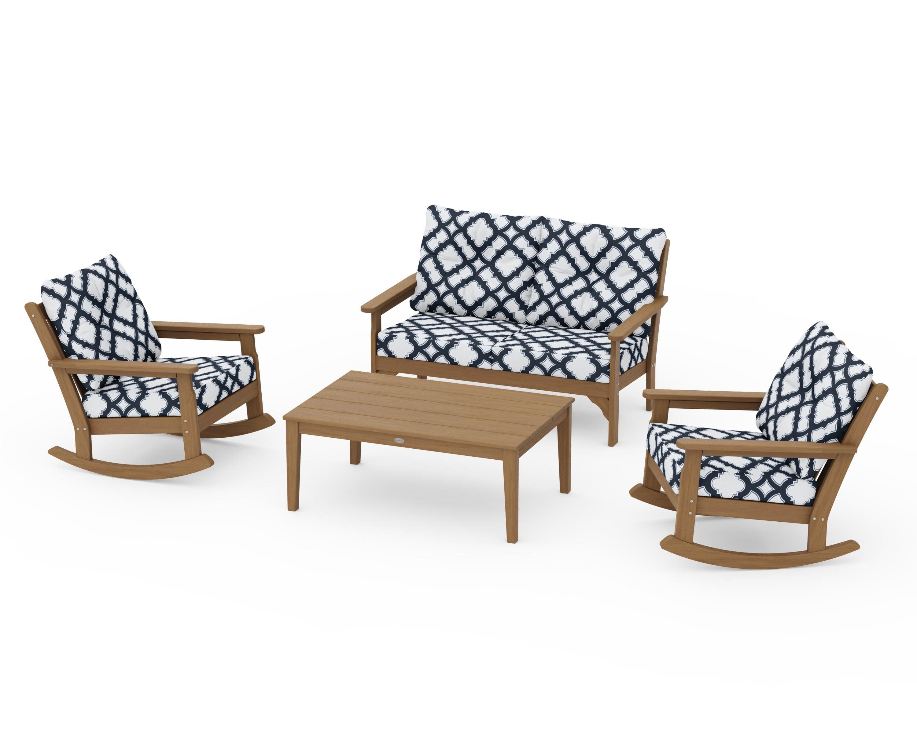 Vineyard 4-Piece Deep Seating Rocking Chair Set in Natural / Trellis Marine Indigo