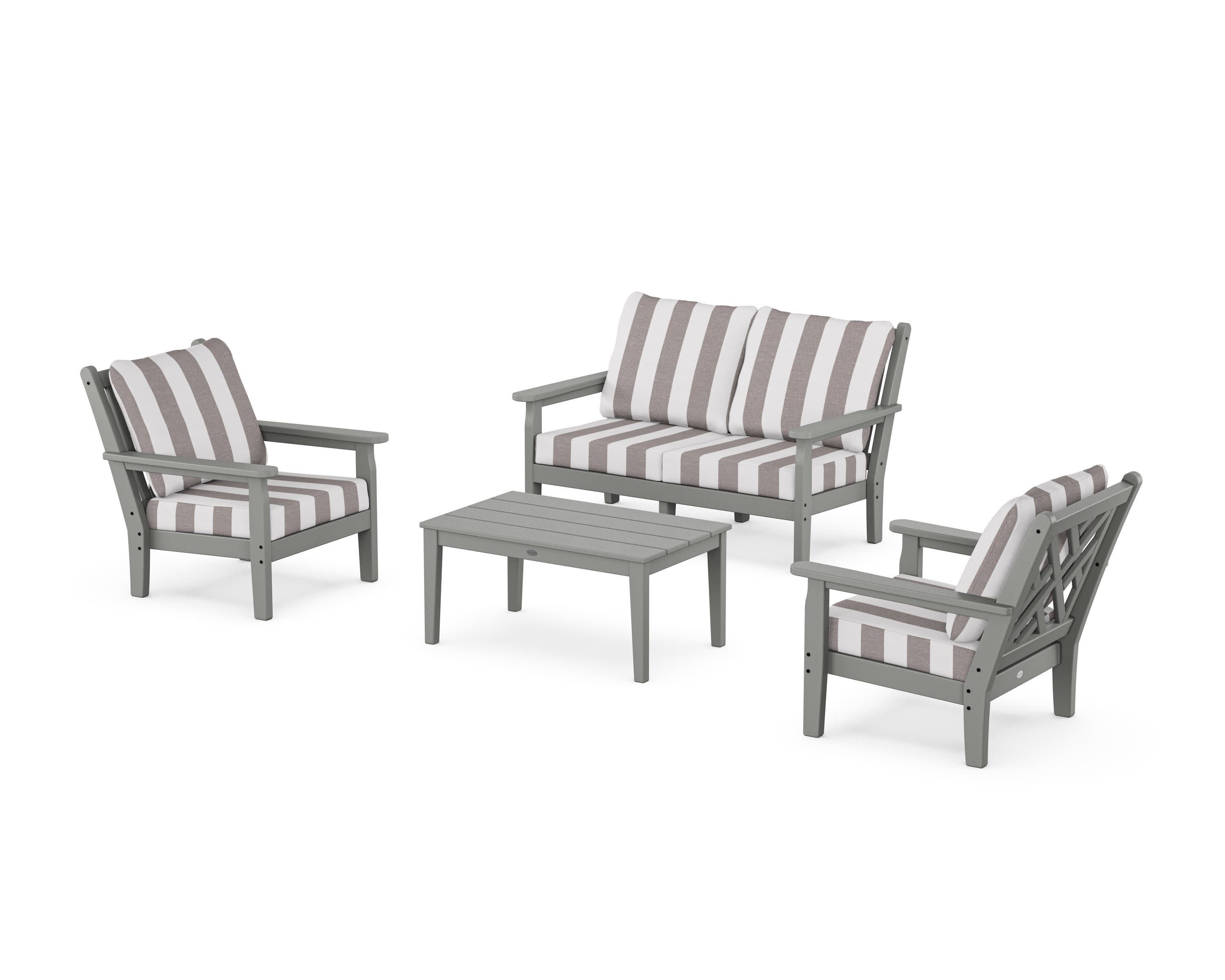 Chippendale 4-Piece Deep Seating Set with Loveseat in Slate Grey / Cabana Stripe Grey Mist