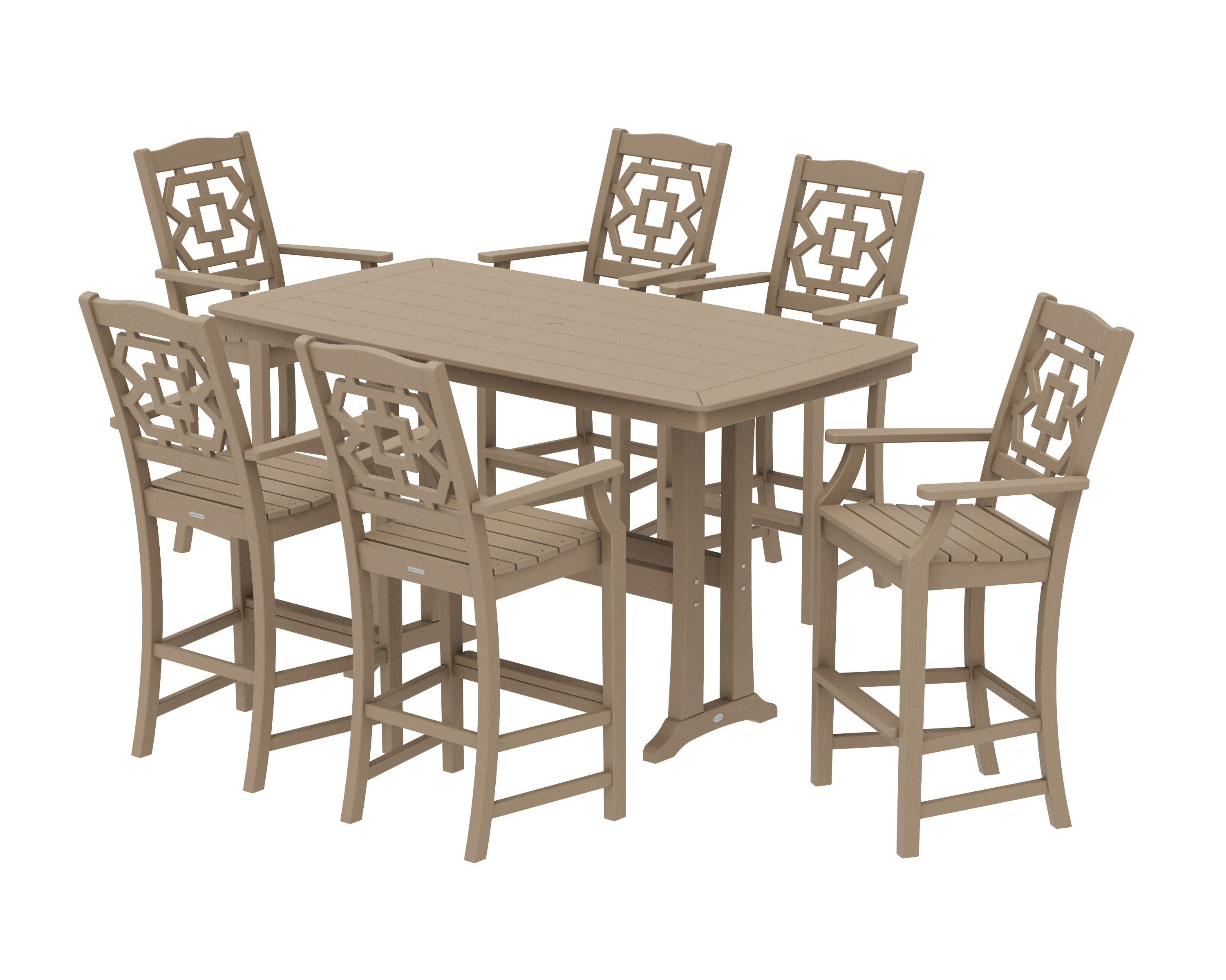 Chinoiserie Arm Chair 7-Piece Bar Set with Trestle Legs in Vintage Sahara