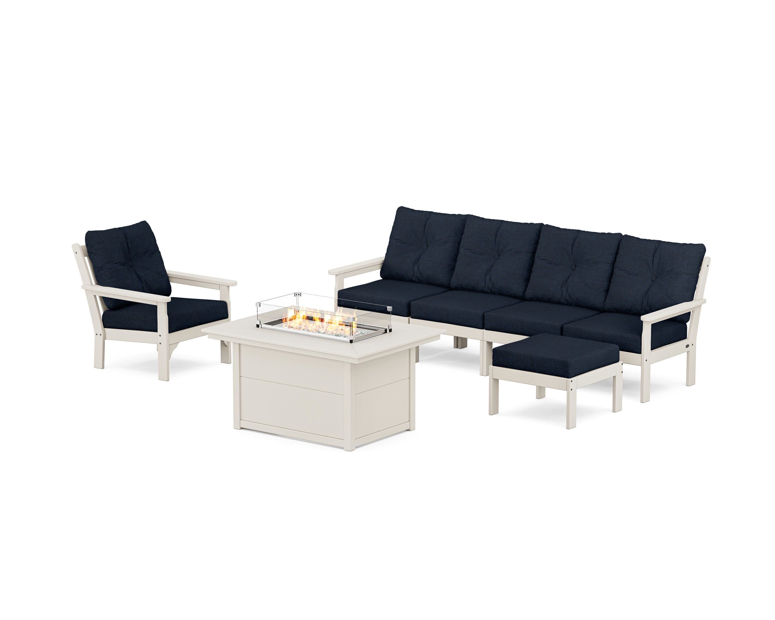 Vineyard Sectional Lounge and Fire Pit Set in Sand / Marine Indigo