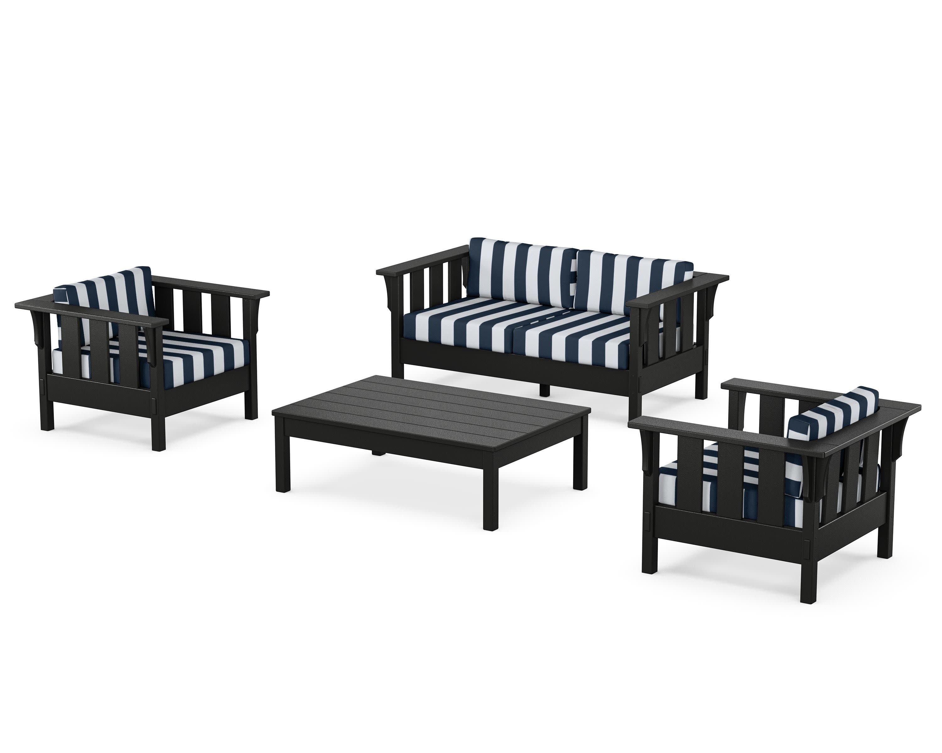 Acadia 4-Piece Deep Seating Set with Loveseat in Black / Cabana Stripe Marine Indigo