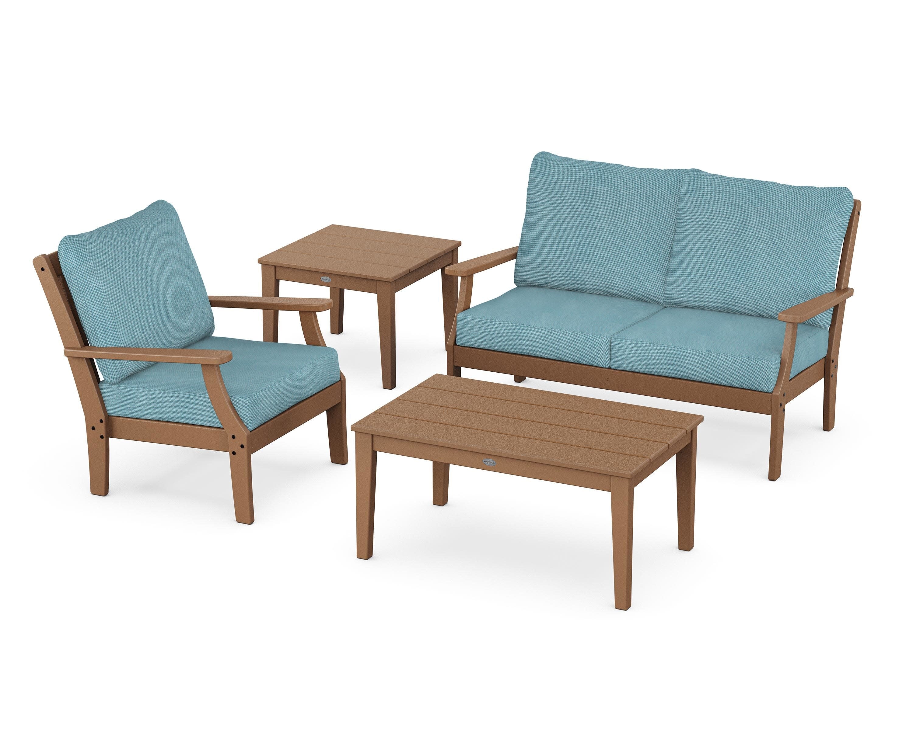 Braxton 4-Piece Deep Seating Set in Teak / Lattice Sky Blue