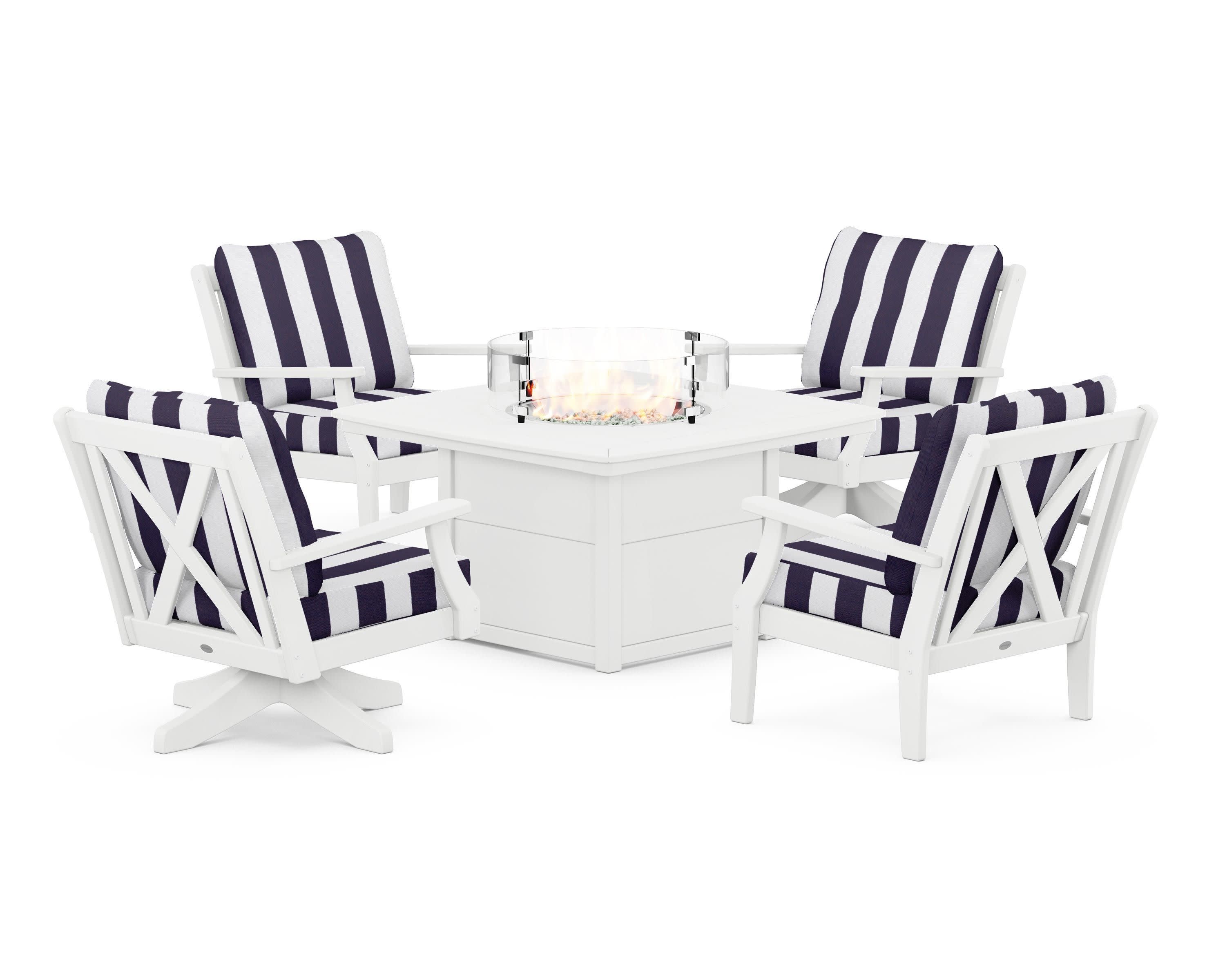 Braxton 5-Piece Deep Seating Set with Fire Table in White / Cabana Stripe Navy