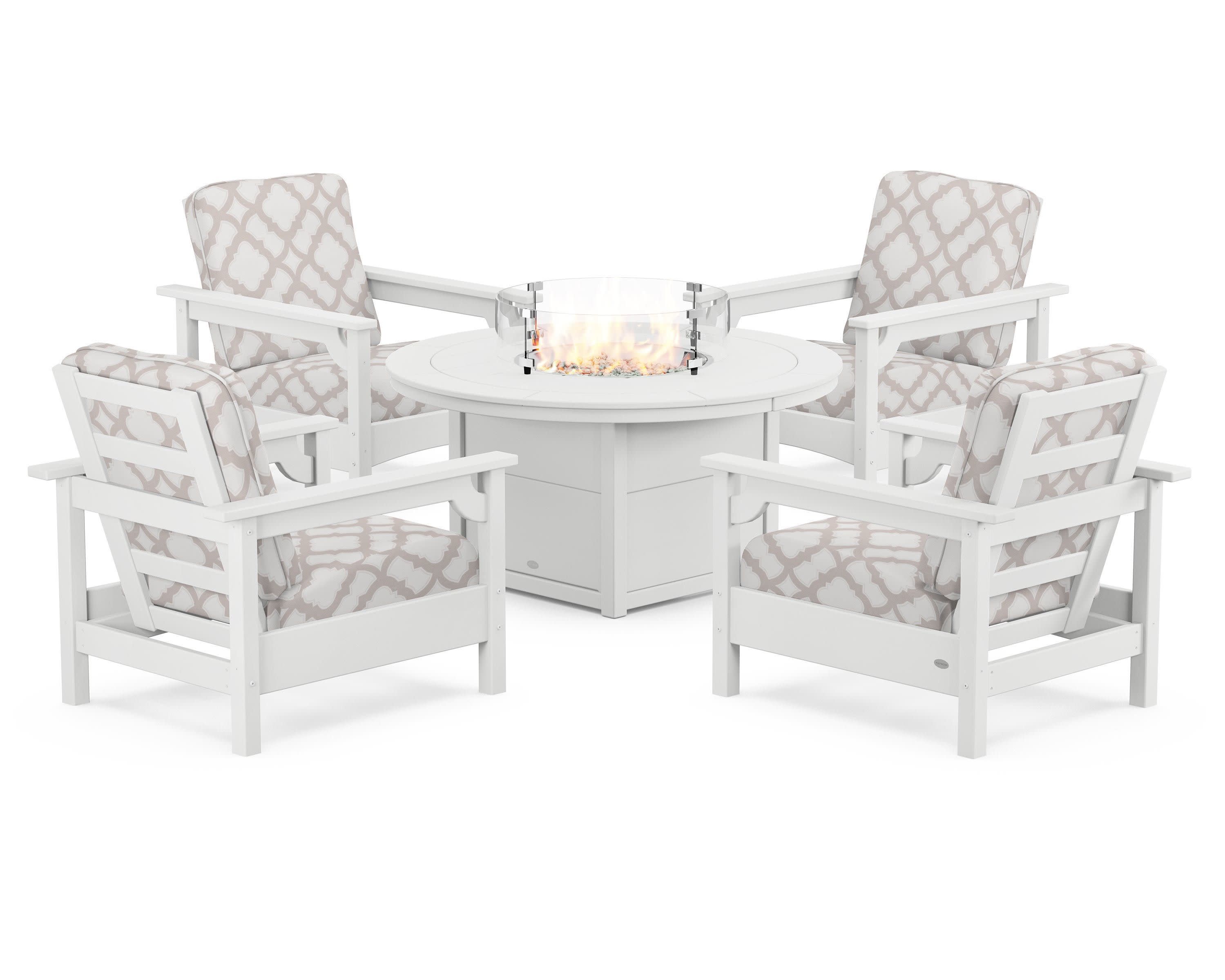 Club 5-Piece Conversation Set with Fire Pit Table in White / Trellis Dune Burlap