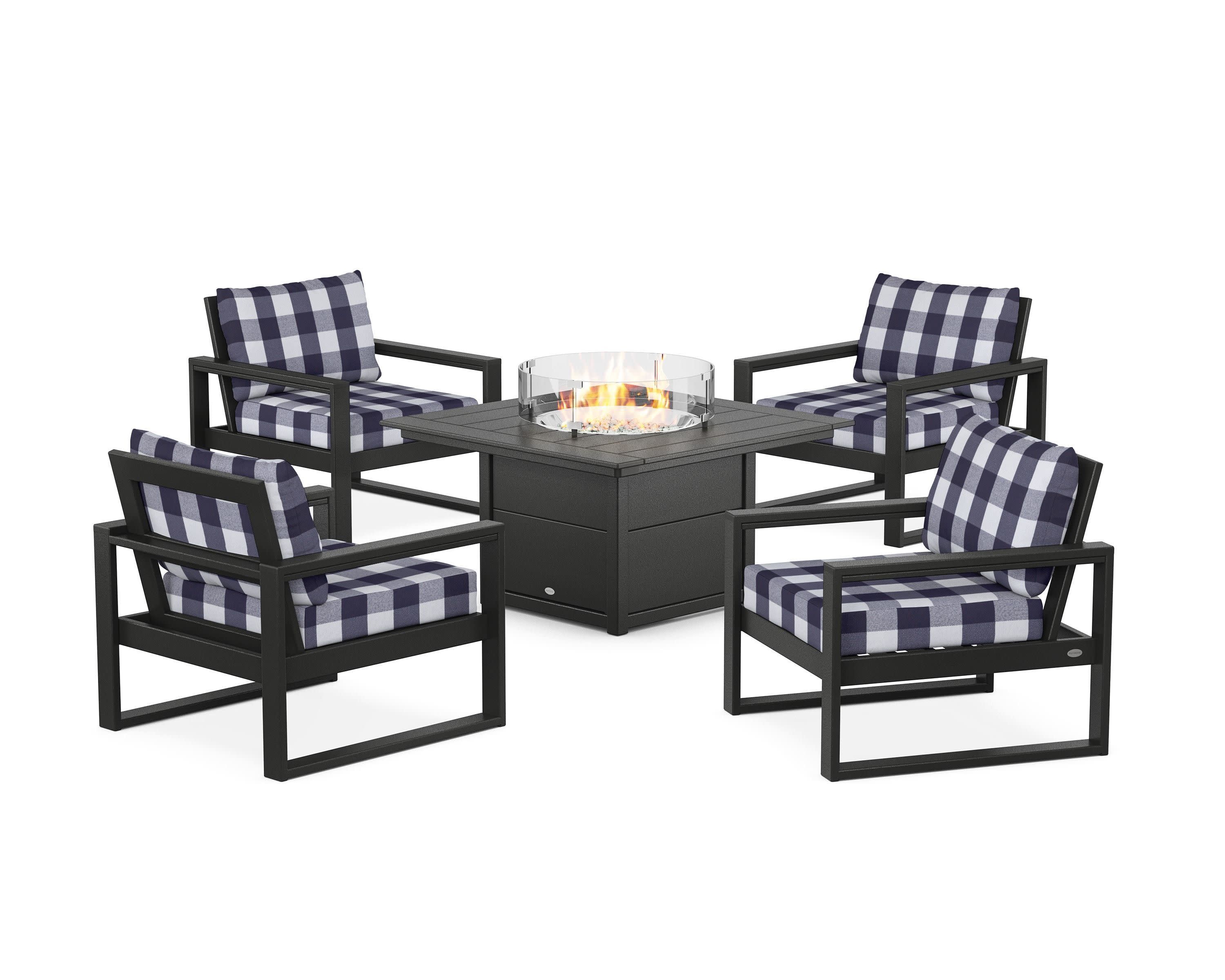 EDGE Sectional 5-Piece Deep Seating Set with Fire Pit Table in Black / Buffalo Plaid Navy