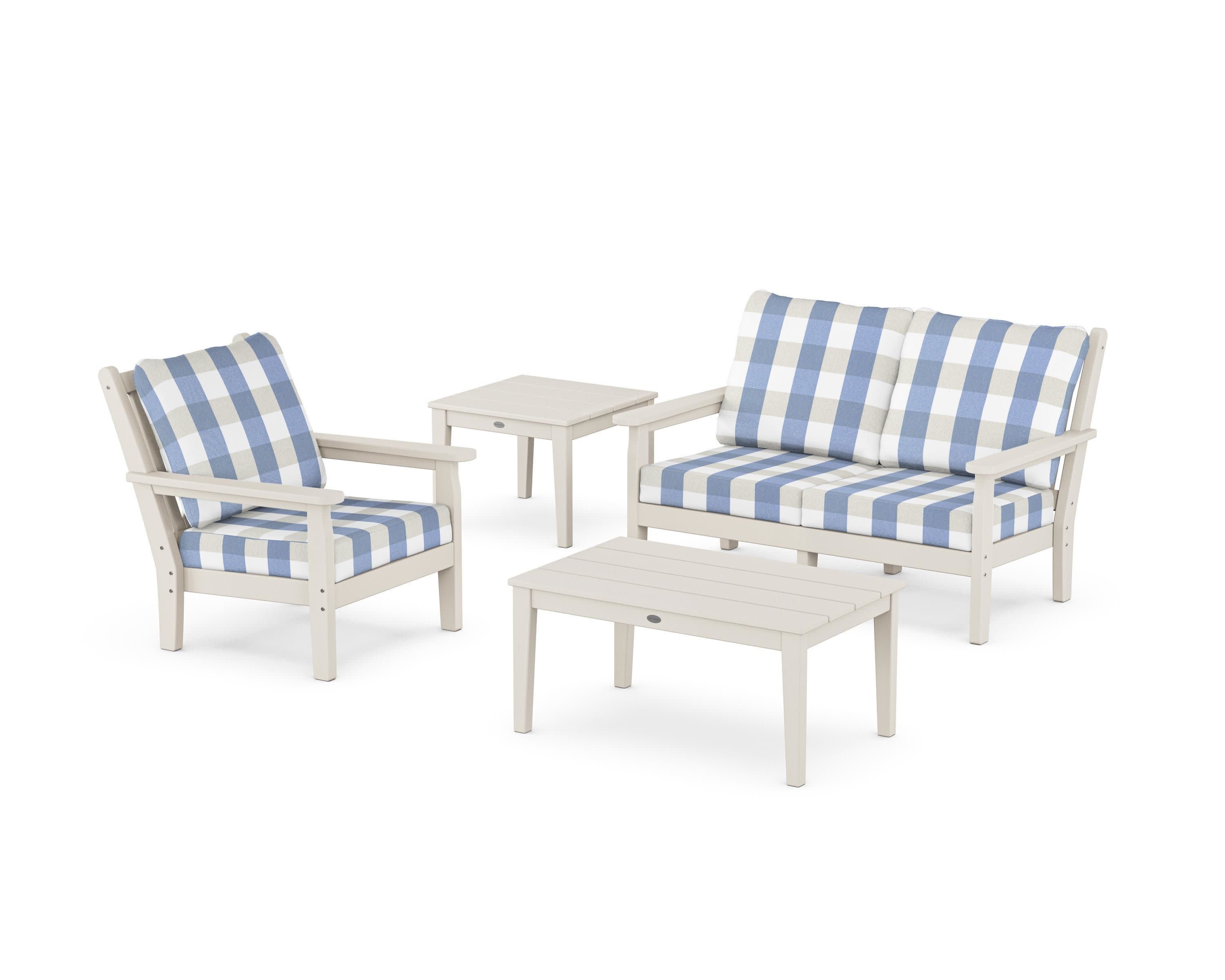 Chippendale 4-Piece Deep Seating Set in Sand / Buffalo Plaid Sky Blue