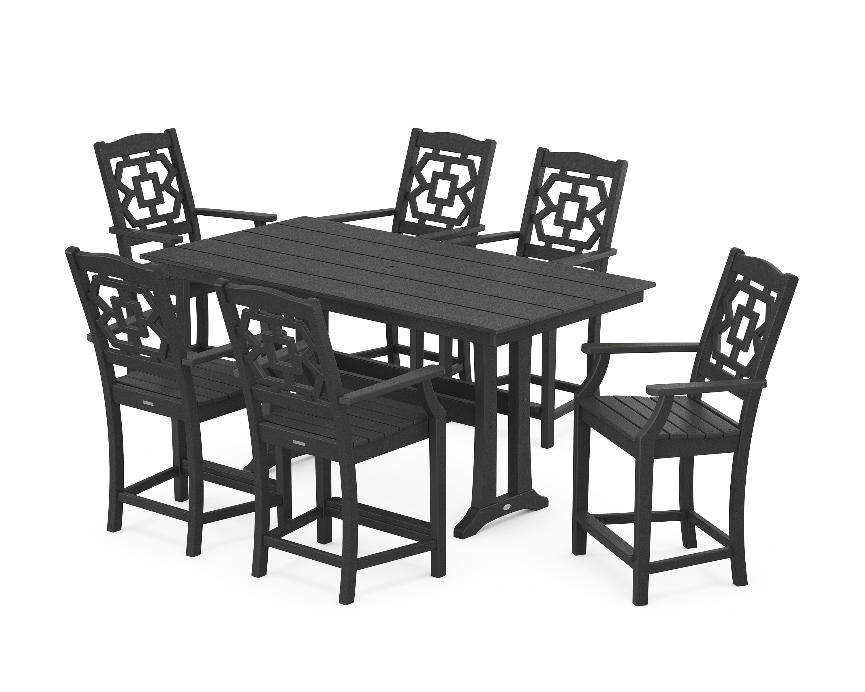 Chinoiserie Arm Chair 7-Piece Farmhouse Counter Set with Trestle Legs in Black