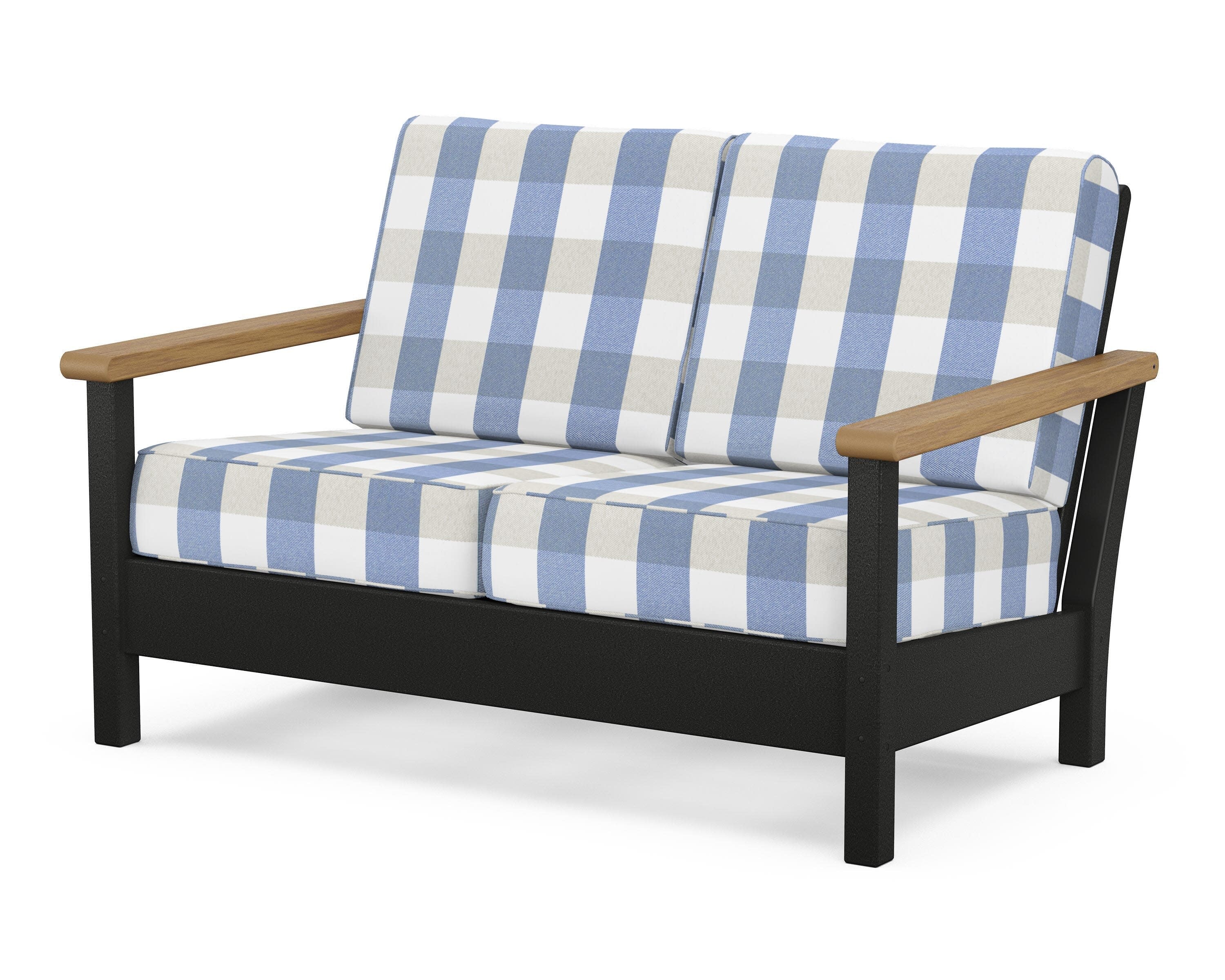 Harbour Deep Seating Loveseat in Black / Natural / Buffalo Plaid Sky Blue