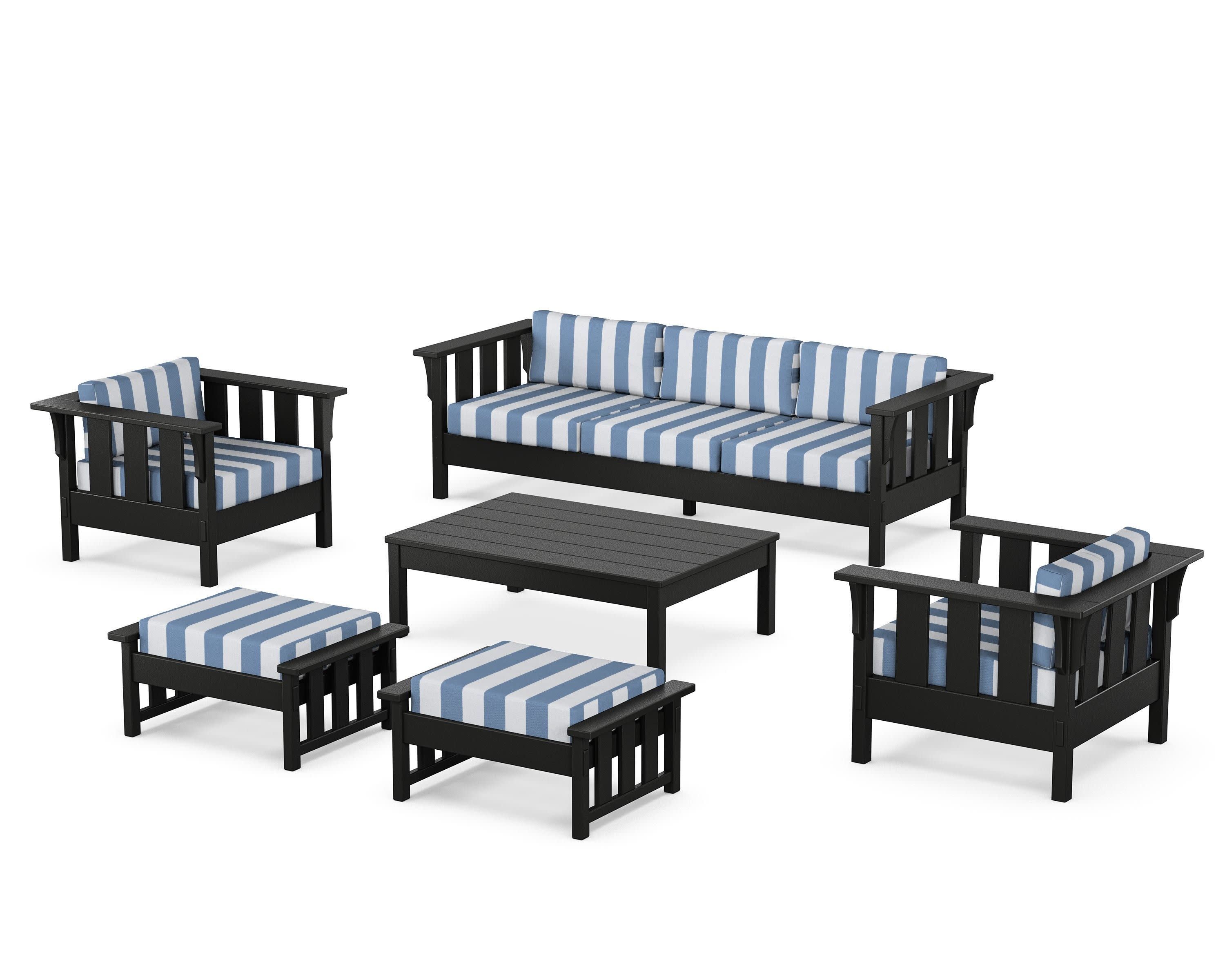 Acadia 6-Piece Lounge Sofa Set in Black / Cabana Stripe Sky Blue